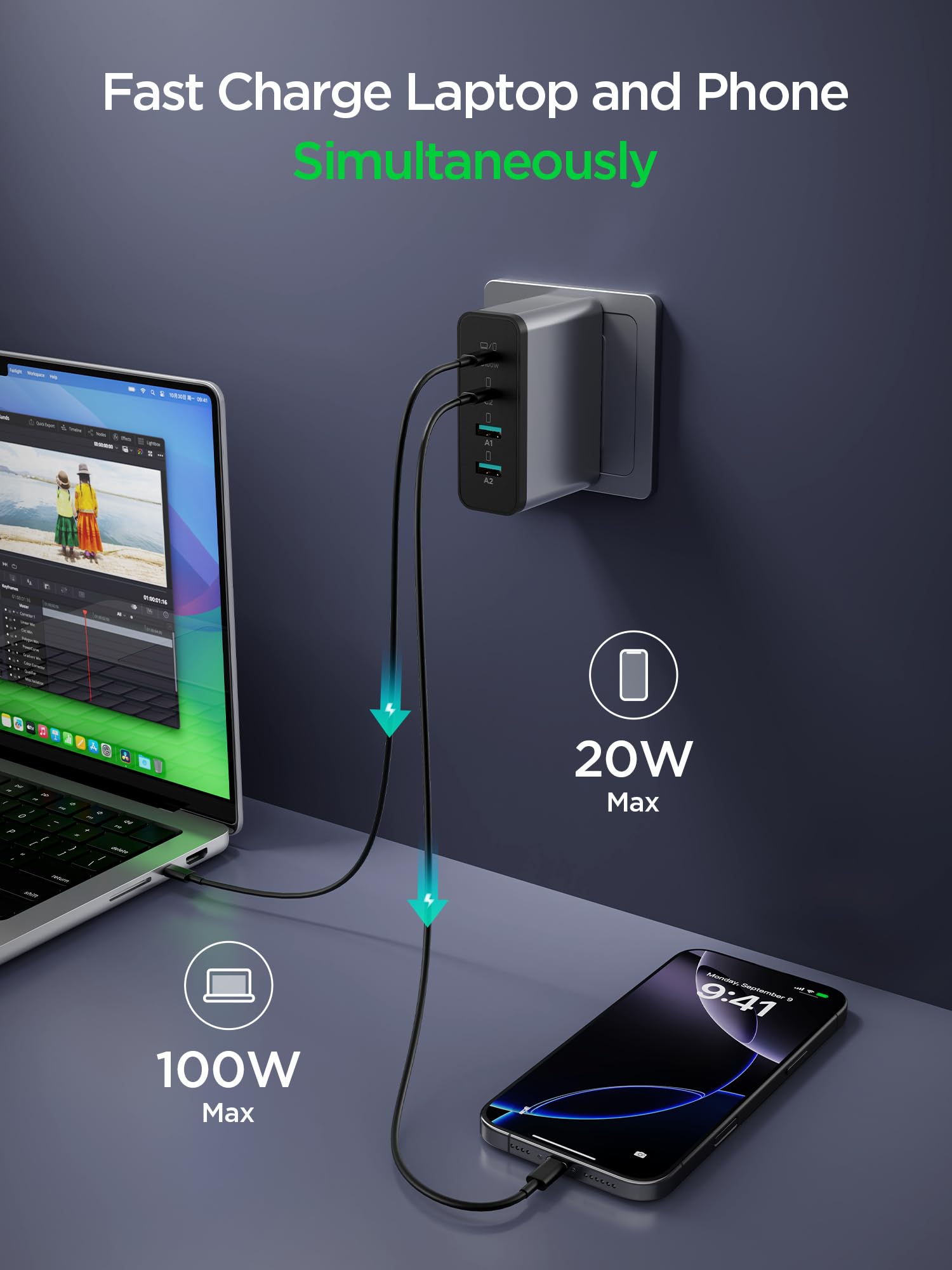 EIZLXQ Caricatore per MacBook Pro PD3.0 PPS 100 W USB C, caricatore rapido 120 W GaN per MacBook Pro/Air, iPhone, Samsung Galaxy, iPad Pro, grigio