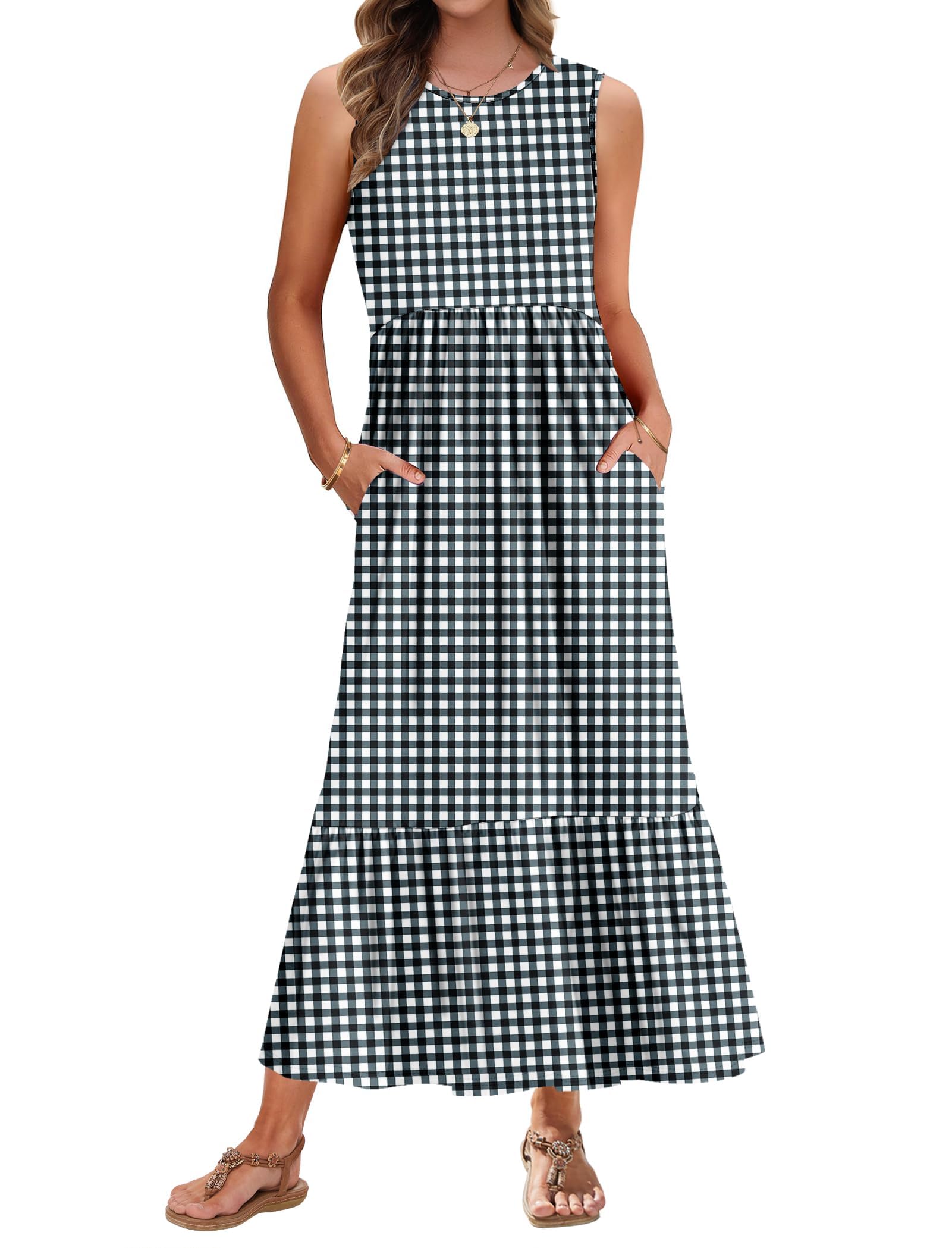 AUSELILY Summer Dresses for Women UK Sleeveless Maxi Dresses Ladies Beach Coverups Sun Dresses Tiered Long Dress with Pockets BK WT Squares XXL