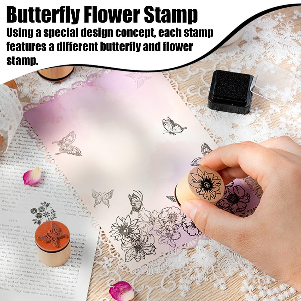 Timbri in Legno Farfalla Fiori Vintage Set in Gomma per DIY Scrapbooking Artigianato
