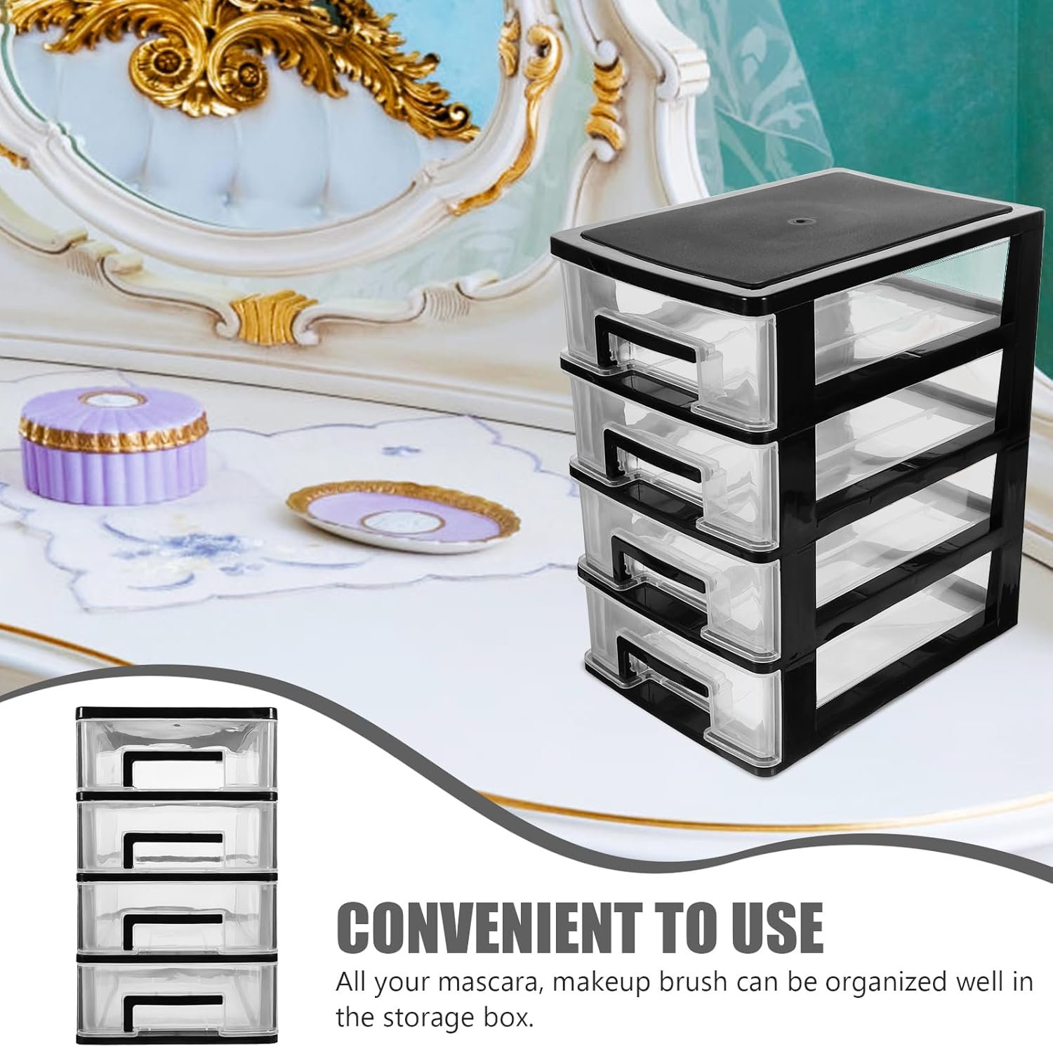 Cabilock 4 Layer Plastic Drawer Storage Organizer, Desktop Organizer with Drawers, Transparent Desktop Makeup Storage Box for Vanity, Office, and Bathroom (Black and Transparent)