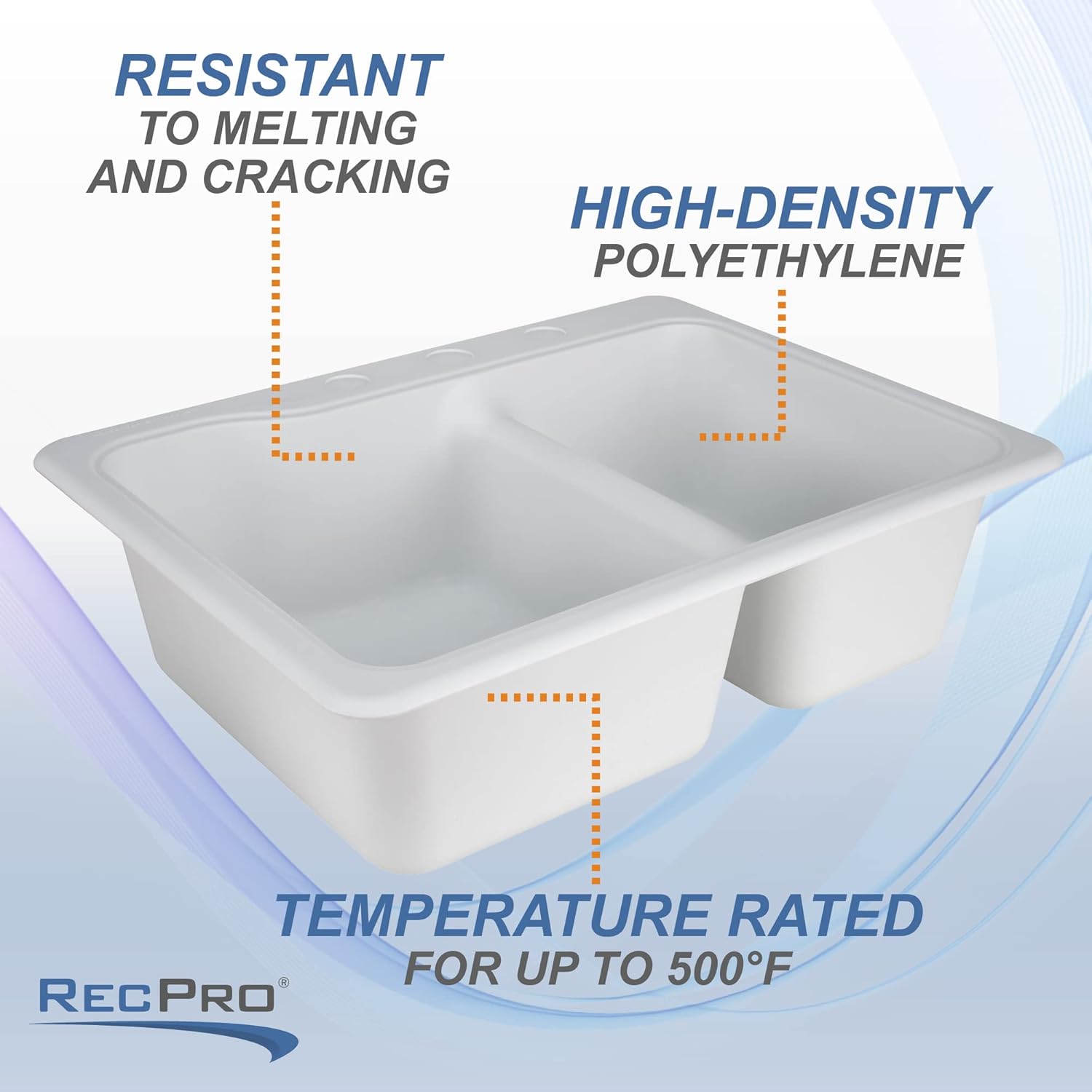 RecPro RV Sink | 25 x 19" Composite Sink | White or Granite Black | Hydrophobic Coating | Double Basin (White)