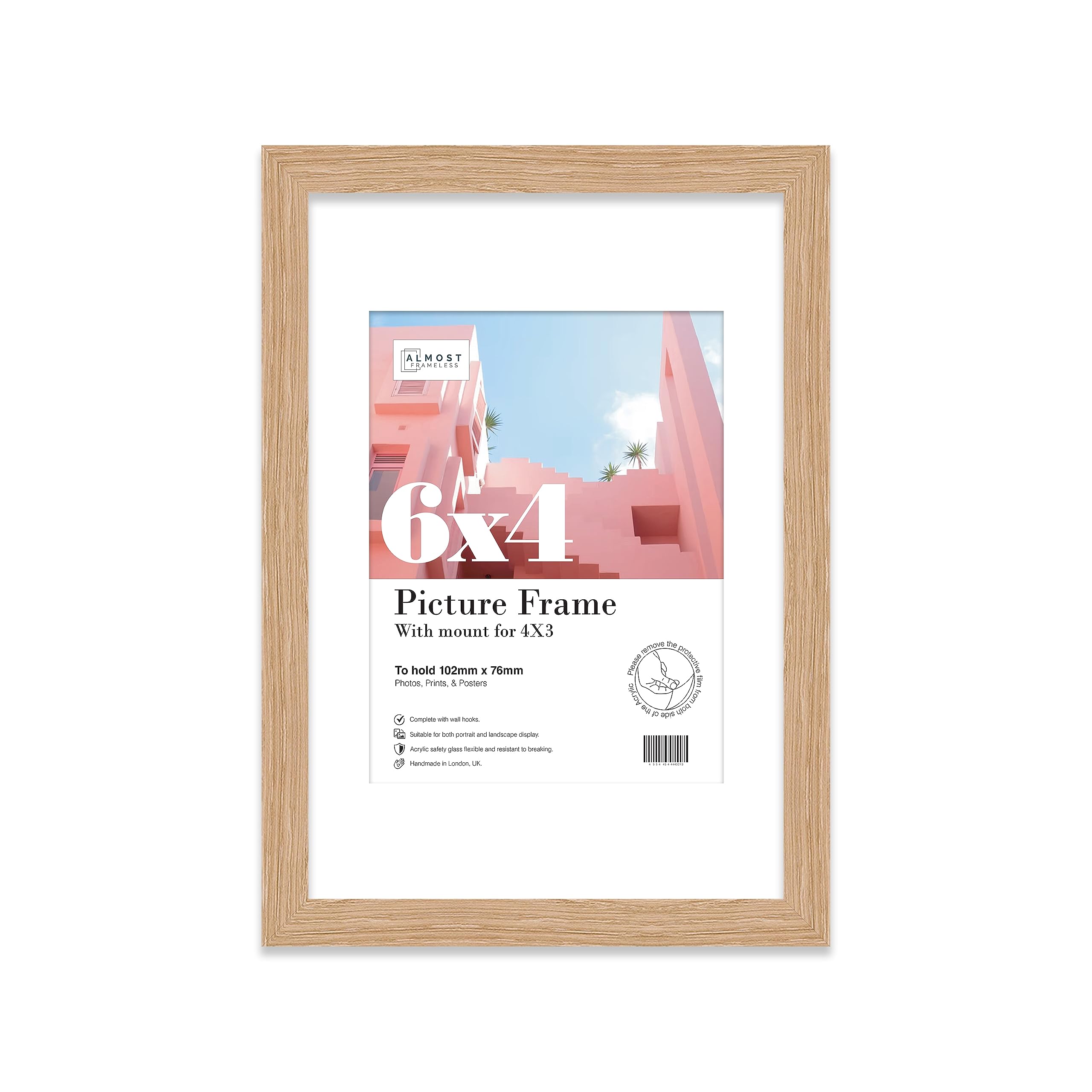 Almost Frameless 6x4 Oak Picture Frame With Mount for 4x3 Print, Poster or Photo Poster, Photo, Artwork, or Print. Thin Edge Slim Frame Portrait and Landscape Display with Wall Hooks