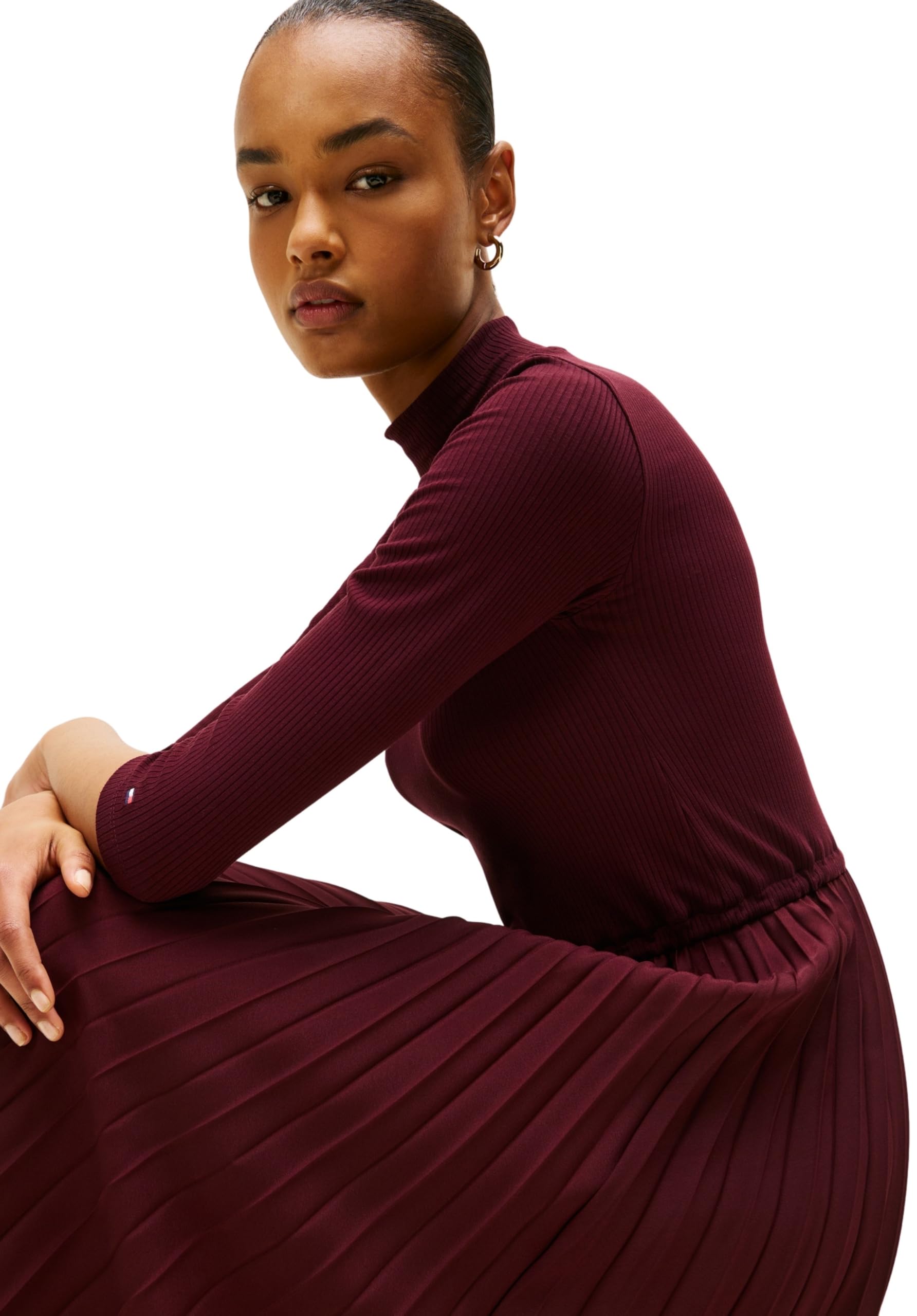 Tommy Hilfiger Damen Kleid Slim Rib Mix Midi-Länge, Rot (Deep Burgundy), M – Ansicht 4