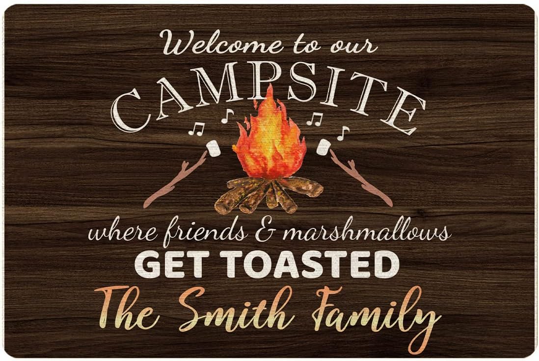 Personalized Camper Doormat 30" X 18" Welcome Fire Pit Custom Camping RV Door Mat Customized Last Name Vintage Background Door Floor Mat Indoor Outdoor Non Slip Doormat (Gray Fire Pit-30)