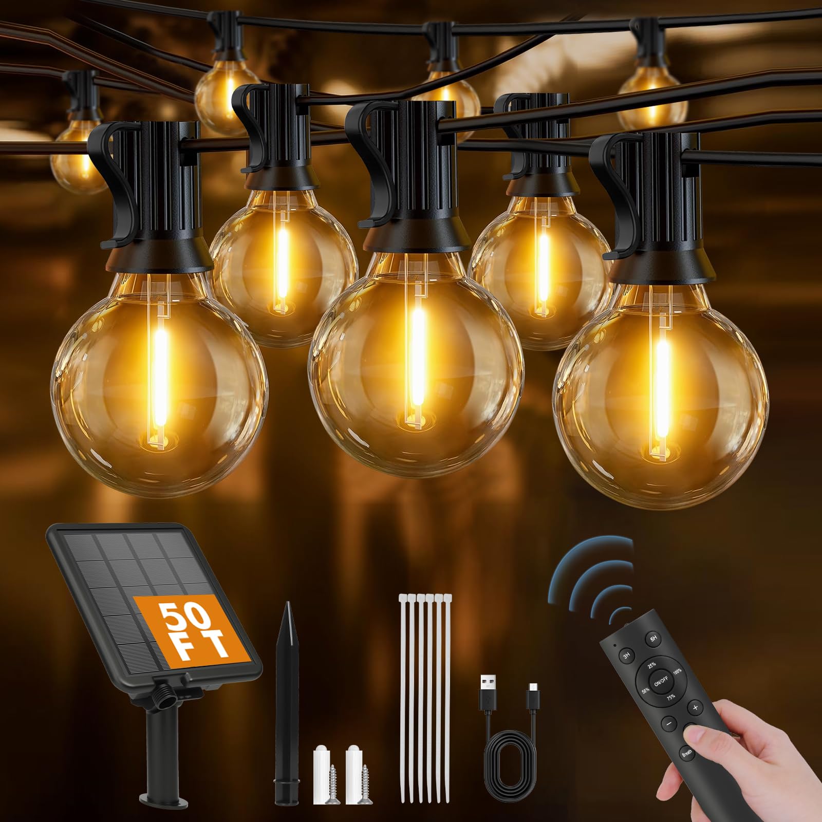 Solar String Lights Outdoor Garden- 15M Shatterproof & Waterproof G40 LED Bulbs, Remote Control w/4 Dimming