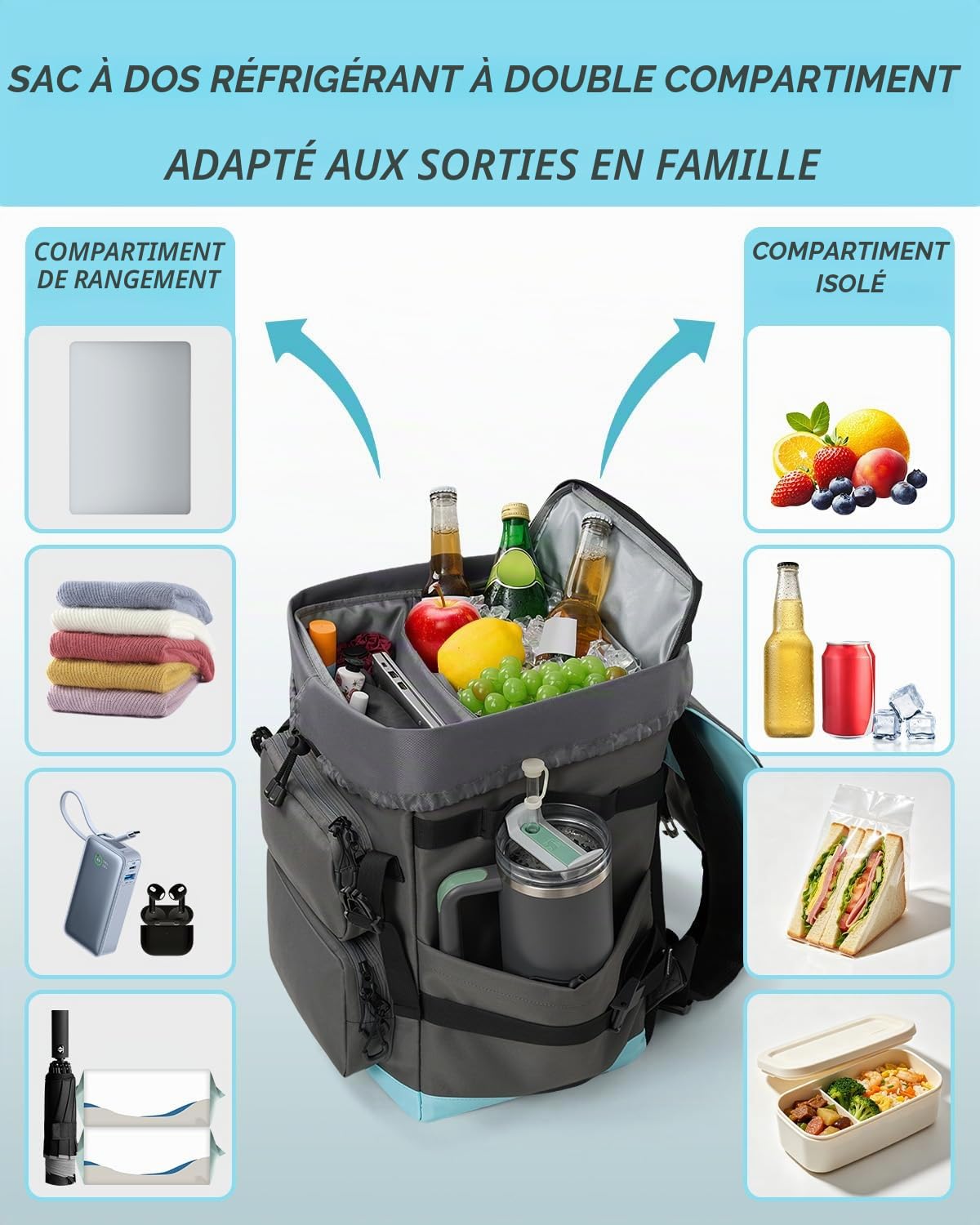 Odoland Sac à Dos Isotherme 2 en 1 – Sac Glaciere Isotherme 9L Séparable + Sac à Dos 26L, Maintient 10 Heures au Frais, Étanche & Antifuite, Léger pour Pique Nique, Camping, Plage