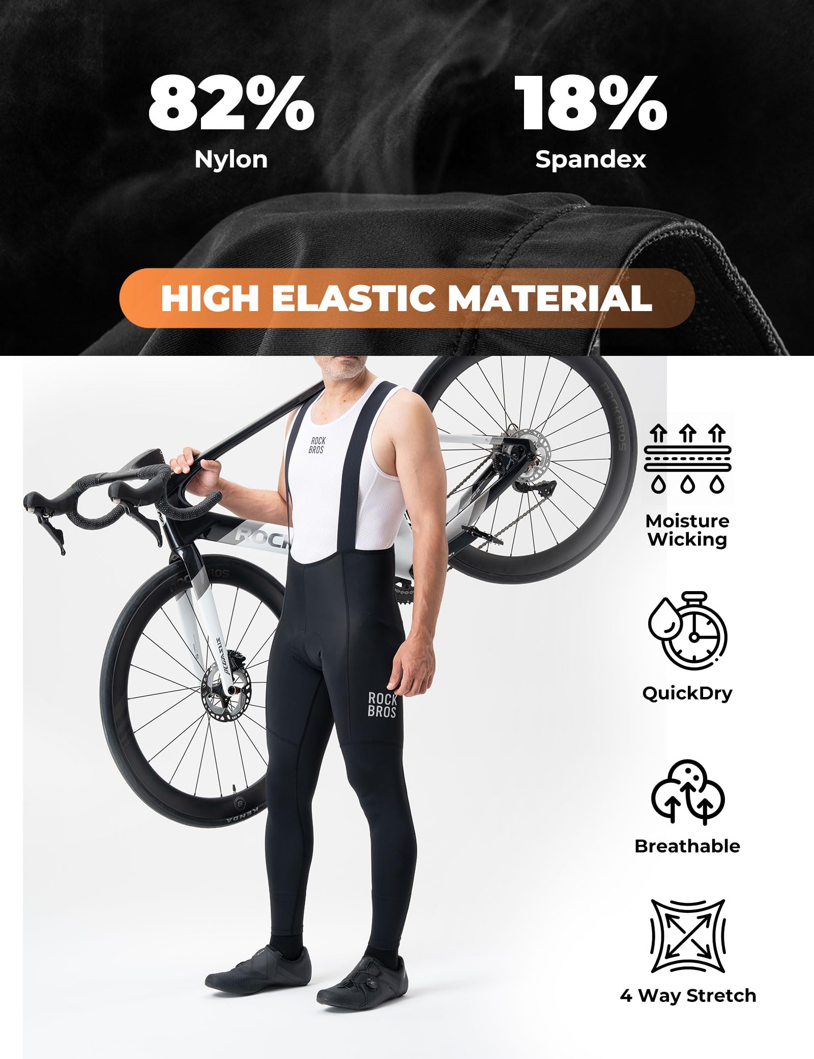 ROCKBROS Salopette da Ciclismo Uomo, Pantaloni Lunghi Bici con Bretelle | con Fondello Imbottito 3D, Traspirante e Elastico, Asciugatura Rapida, per Bici da Strada MTB, Nero, M