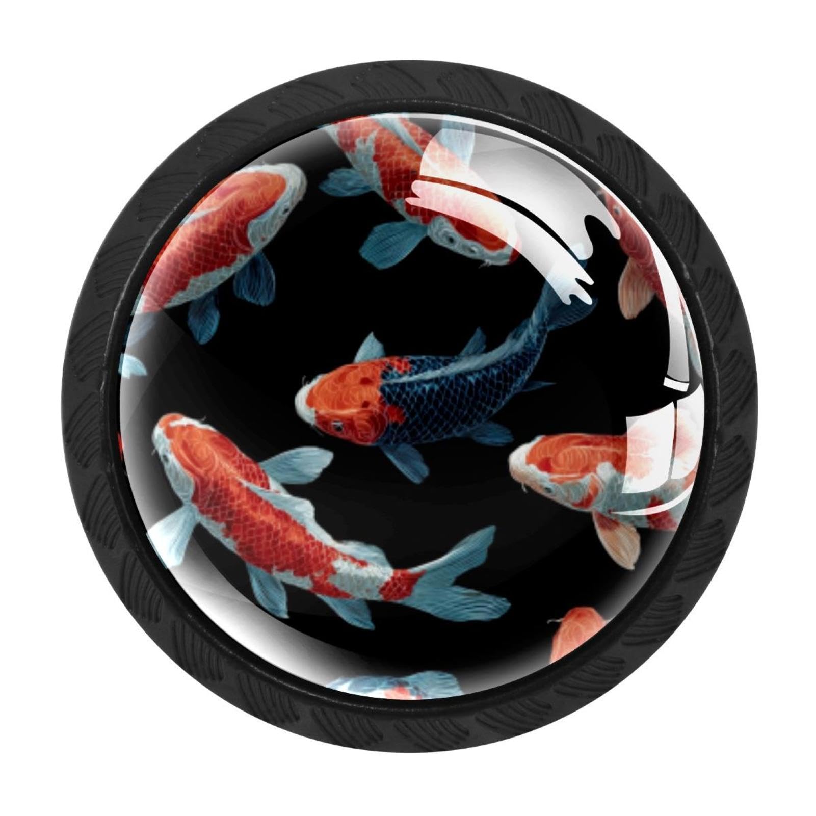 CHENZZZZ 4 Pack Black Fish. Koi Carp Pattern (8) Drawer Knobs, Cabinet Knobs Round Glass Knobs for Kitchen Cabinet Hardware Bathroom 35MM