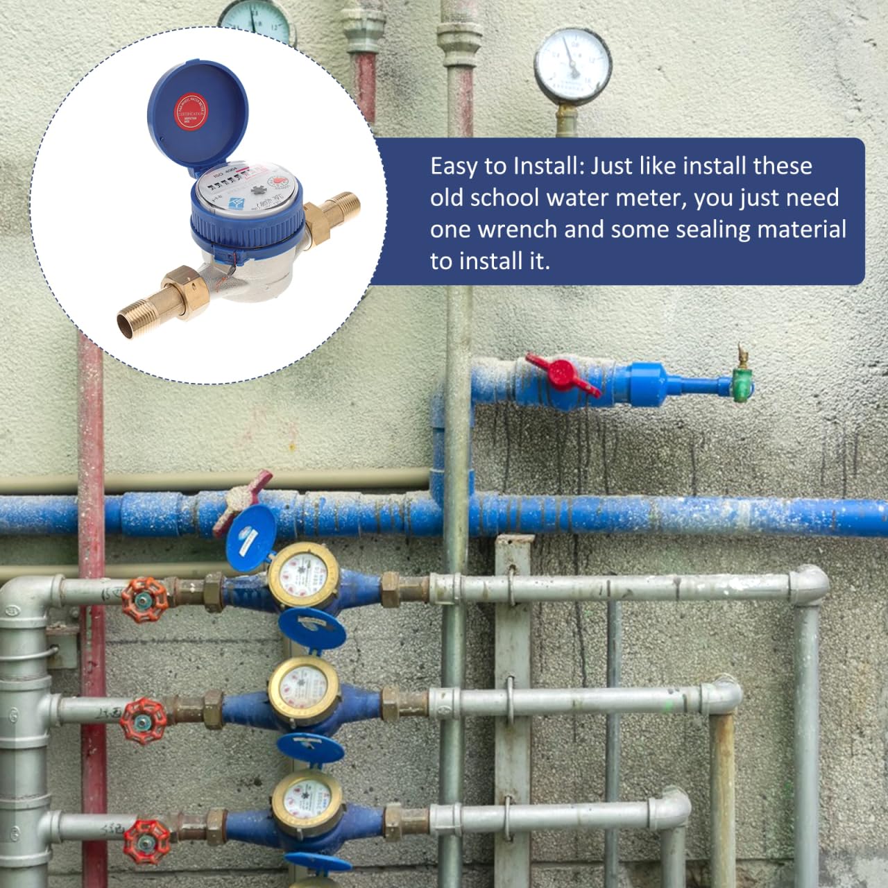 Hemobllo Water Meter Water Flow Meter Cold Water Meter for Garden and Home Use, Measures in Cubic Meter, DN15, 1/2" NPT Couplings