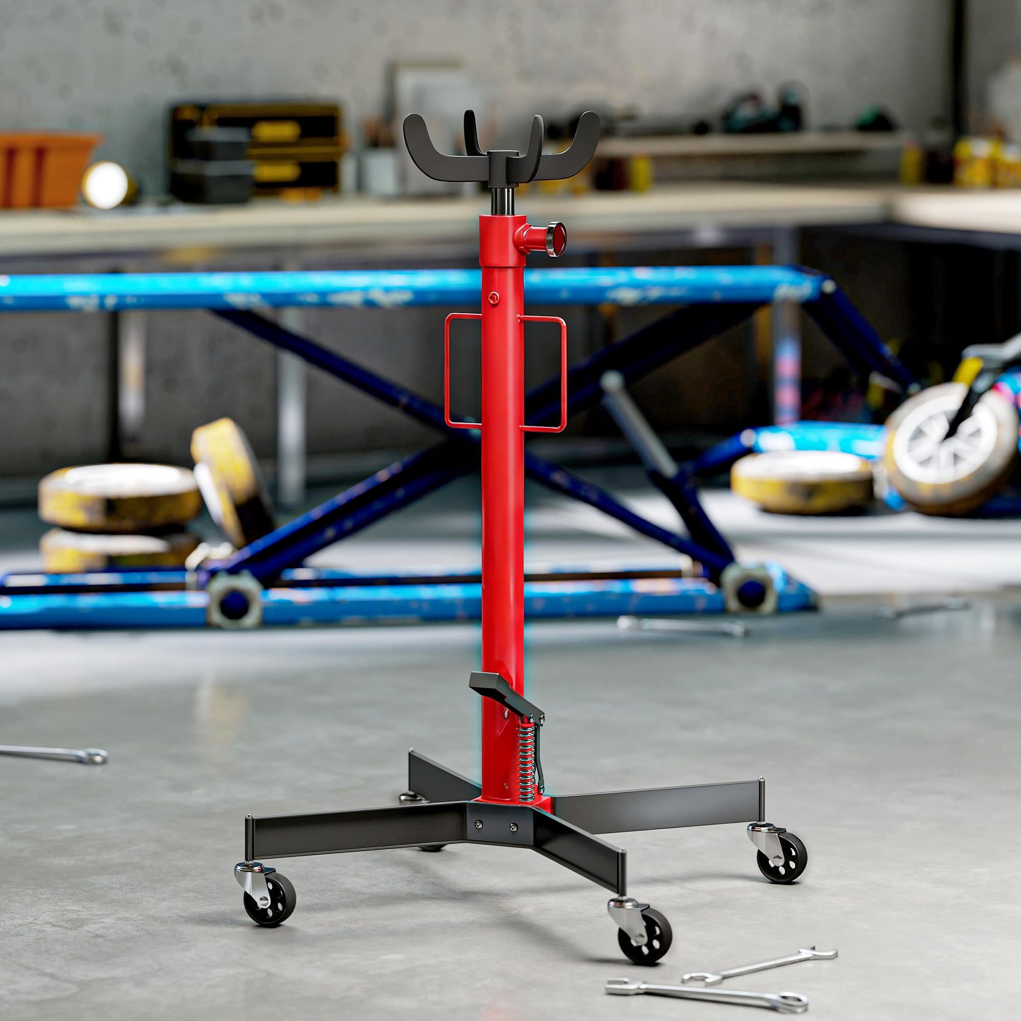 HOMCOM Cric idraulico per cambio, cric di sollevamento in acciaio 500 kg, altezza regolabile 110-191,5 cm, cric idraulico per cambio 4 ruote, pedale, per auto, rosso
