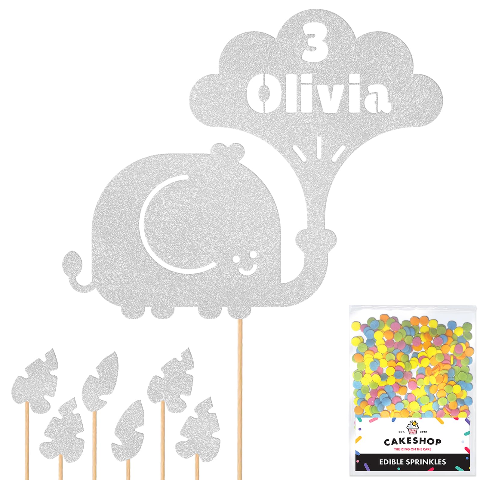 Personalised Jungle Elephant Glitter Cake Topper Silver Any Custom Age & Name Glitter Cake Decoration and Sprinkles - Happy Birthday Decorations - Personalised Toppers for Cakes by Cakeshop โ image 1