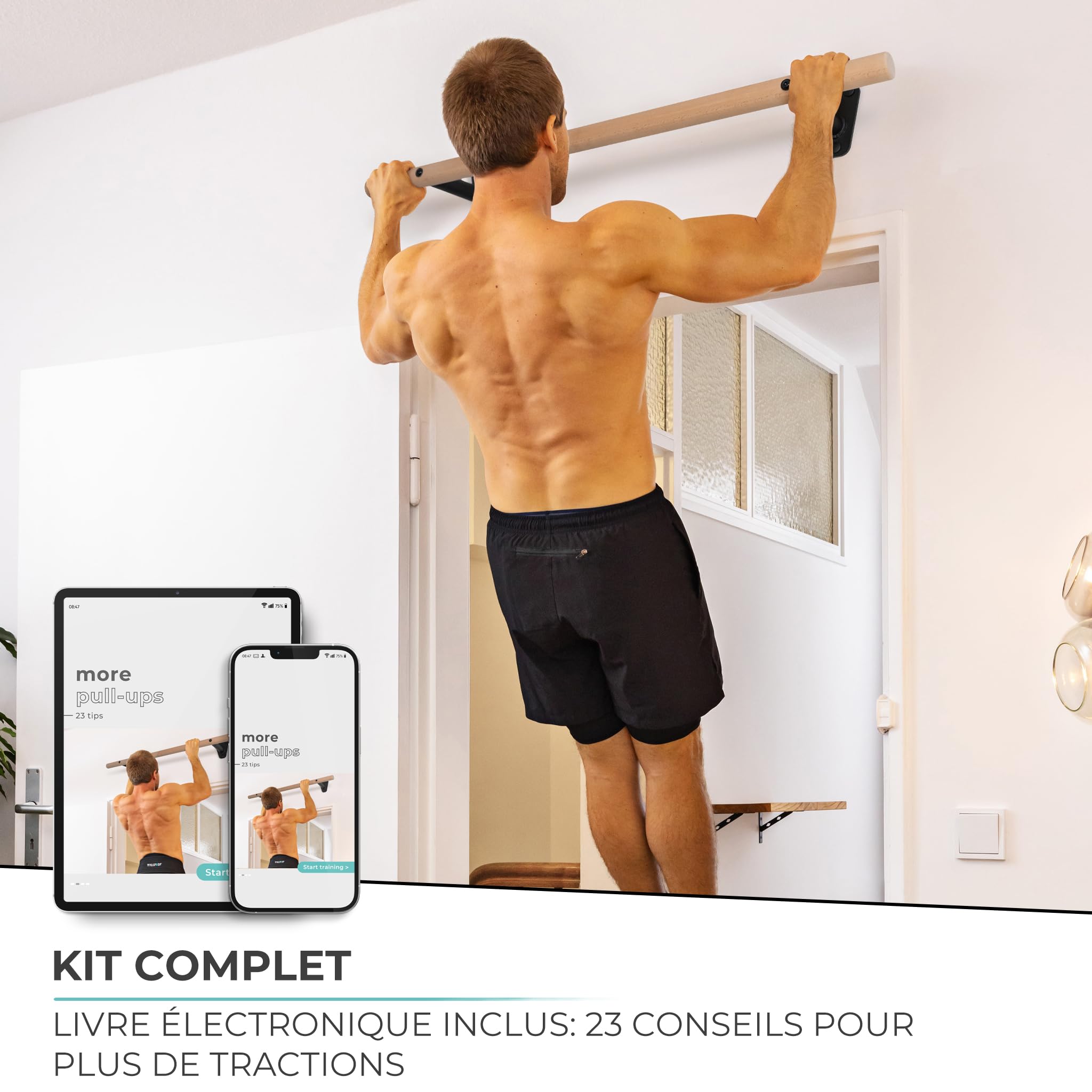 PULLUP & DIP Barre de traction en bois – Barre en hêtre à fixer au mur au-dessus d’un cadre de porte – Barre 40 mm pour tractions & renforcement de la prise – Barre de traction murale pour home gym