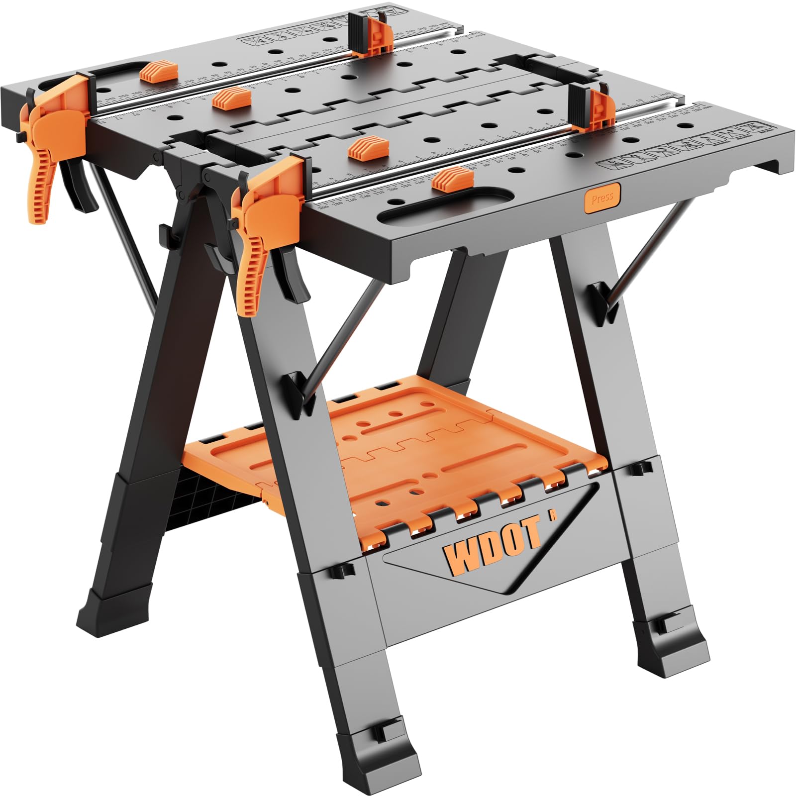 Work Bench Table 2 in 1 Portable Folding Workbench for Garage Sawhorse 500lbs Mobile Work Table 31" W x 25" D x 32" H with 2 Clamps & 6 Bench Dogs