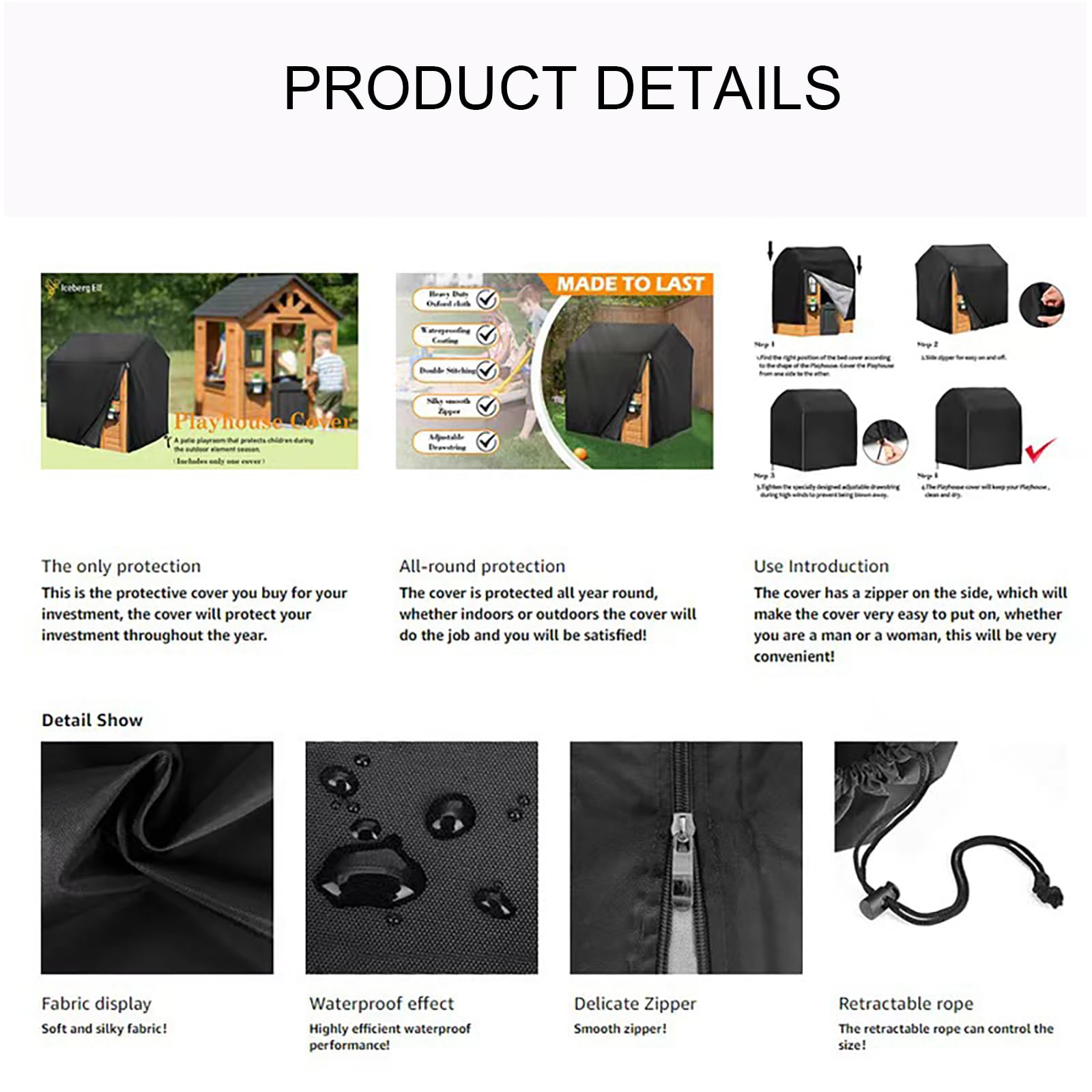NEWFUN Fundas para Casa de Madera Para Niños, Fundas para Casitas Infantiles, Tejido Oxford 420D, Impermeable, Protección UV, Con Cordón y Cremallera (145*145*160cm, Negro)