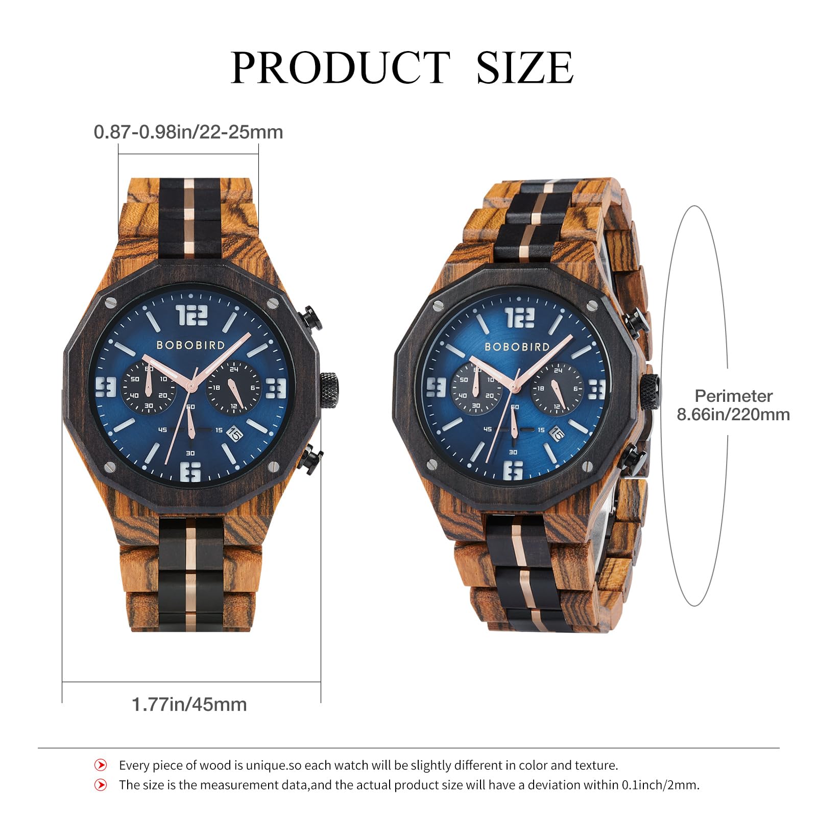 BOBO BIRD Herren Holzuhr Sport Mode Armbanduhr Casual Chronograph Quarz Uhren Männer Holz Edelstahl Armband Uhr mit Datumsanzeige