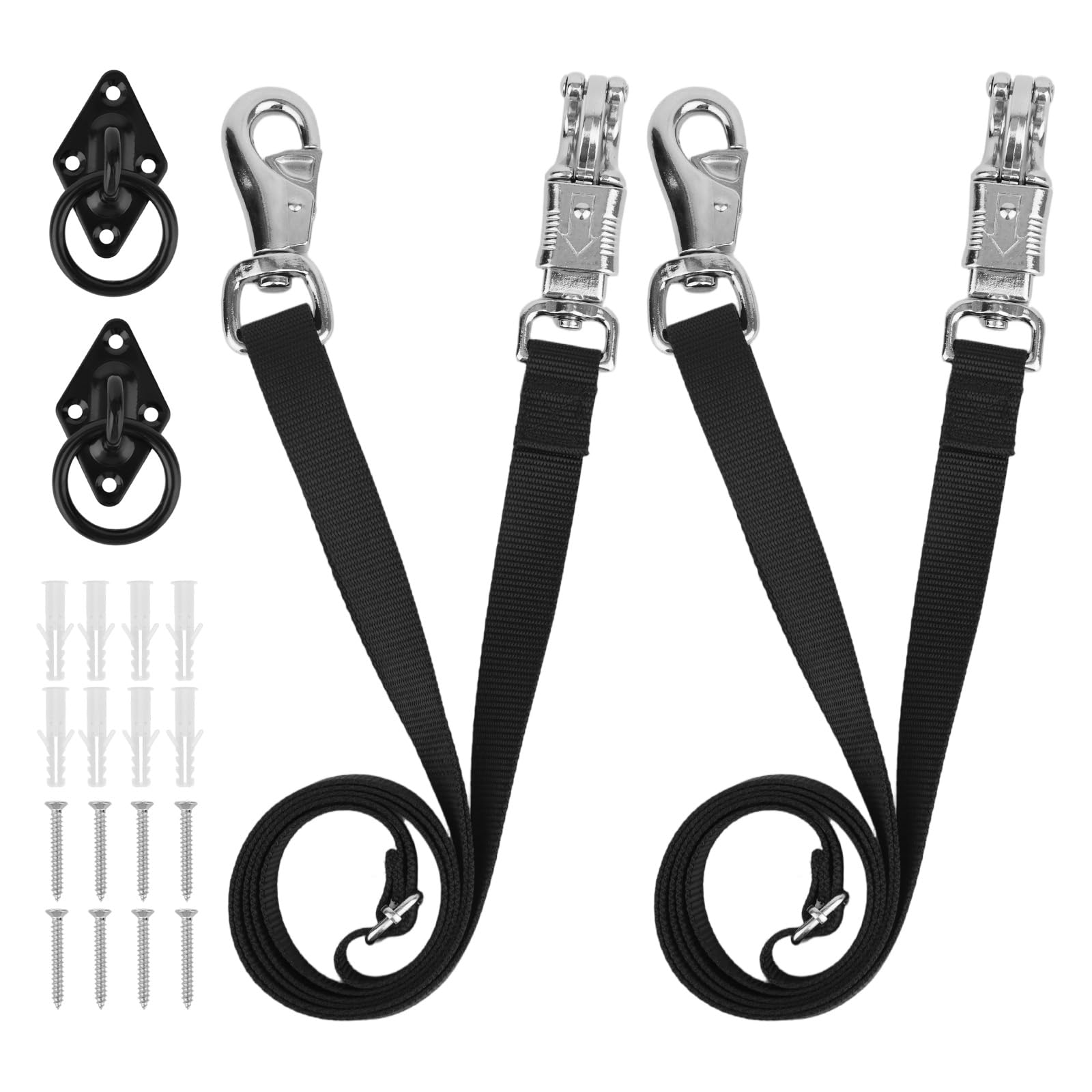 2pcs Nylon Cross Ties for Horses, Adjustable from 43.3" to 80.3" Horse Trailer Tie Straps with Panic Snap & Bull Snap Durable Horse Supplies with Tie Rings & Screws for Stables Fences (Black)