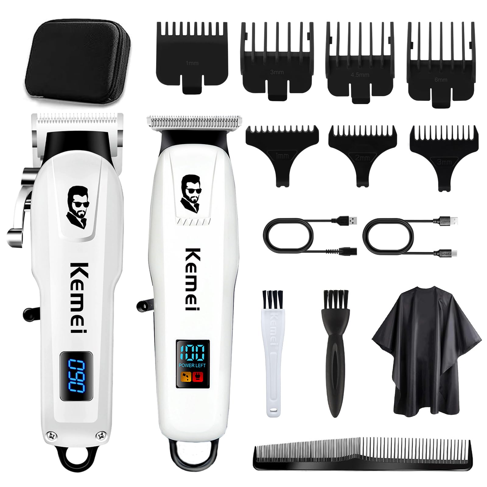 KEMEI Juego de cortapelos y recortadora profesional,cortadora de pelo eléctrica para hombres,cortadora de pelo inalámbrica,recortadora de pelo con hoja en T sin huecos,cortadora de pelo,Blanco