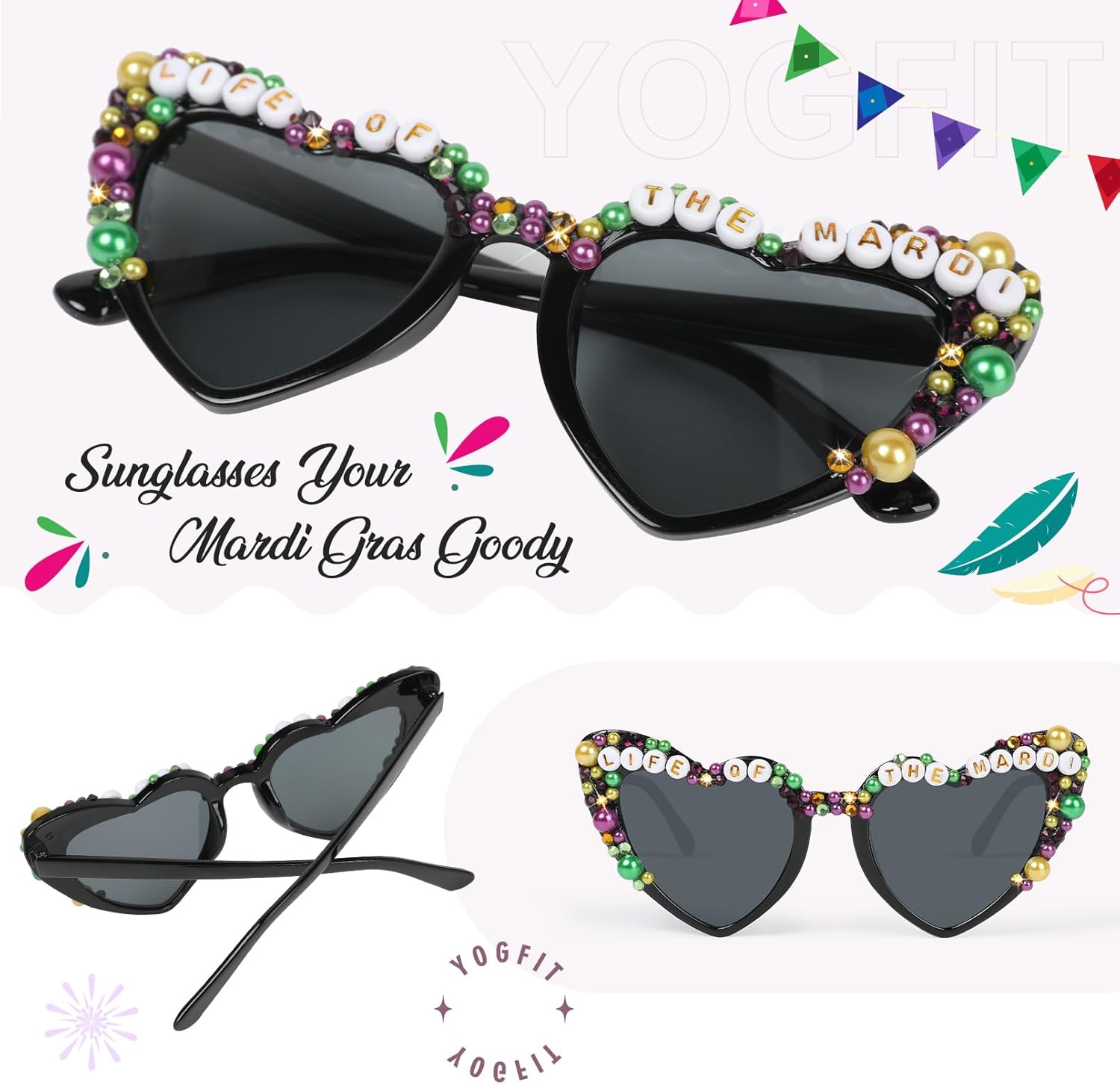YOGFIT Mardi Gras Beads Sunglasses for Women Men, Mardi Gras Party Outfit Accessories Heart Sunglasses for Women - Image 2