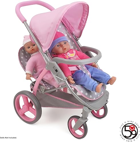 Miniatura 5 de 509 Crew Cotton Candy Pink Cochecito de muñeca en tándem gemelo, rosa, gris, lunares, muñecas de hasta 18 pulgadas, capacidad para 2 muñecas,