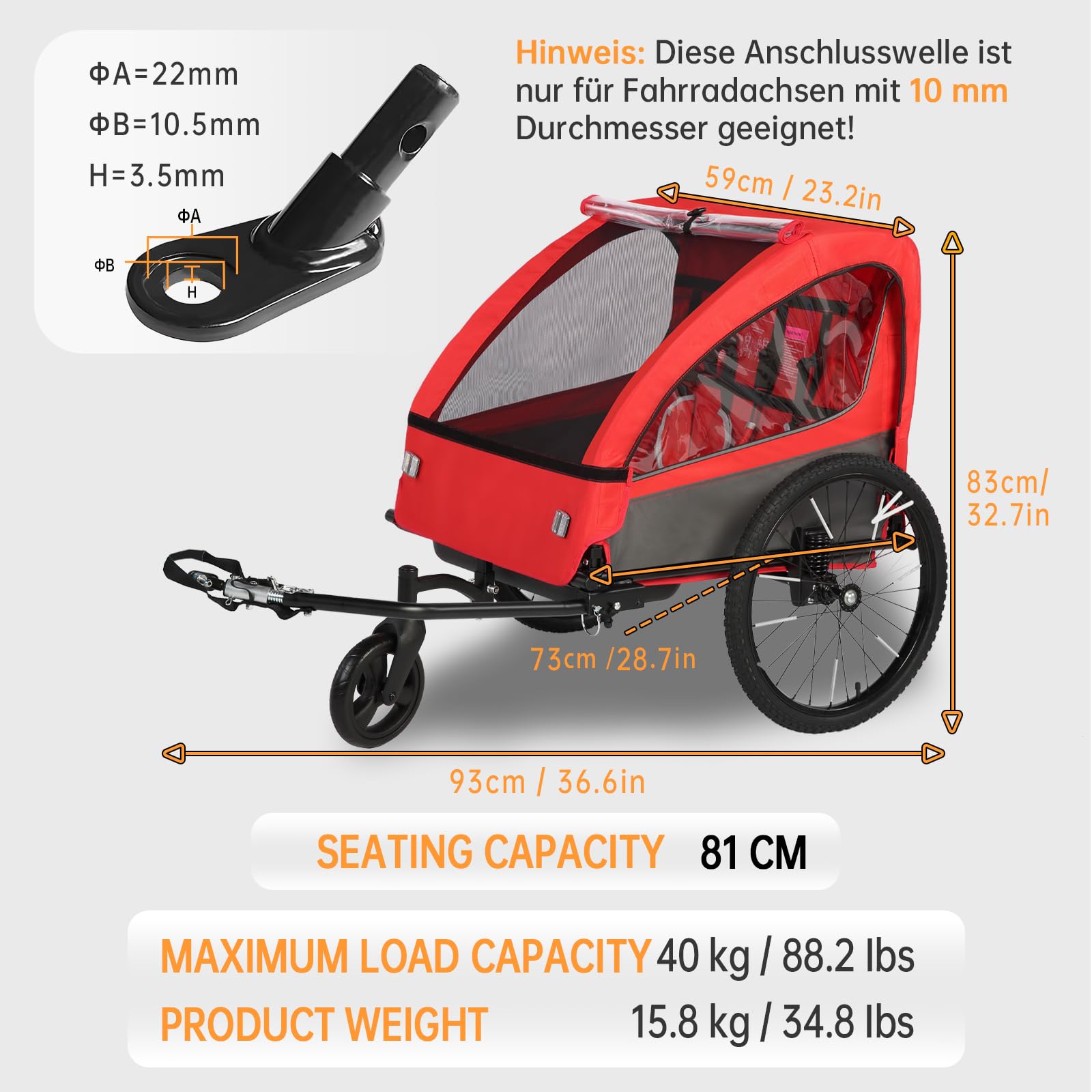 Rimorchio per bicicletta pieghevole 2 in 1 con sospensione per bambini 1-2 bambini, passeggino con grande spazio di archiviazione, funzione jogger, catarifrangenti