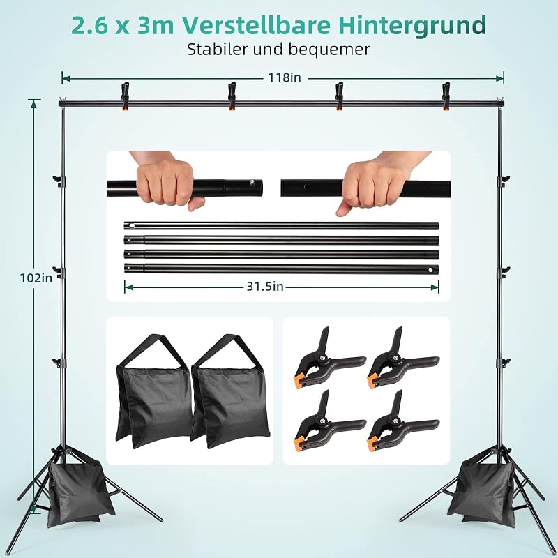 FGen Fotóstúdió Szett 2,6x3m Állvánnyal - Pamut Zöld Háttérvászonnal, 135W CFL és 85W LED Lámpákkal, Softbox Szett Termékfotózáshoz, Portréh