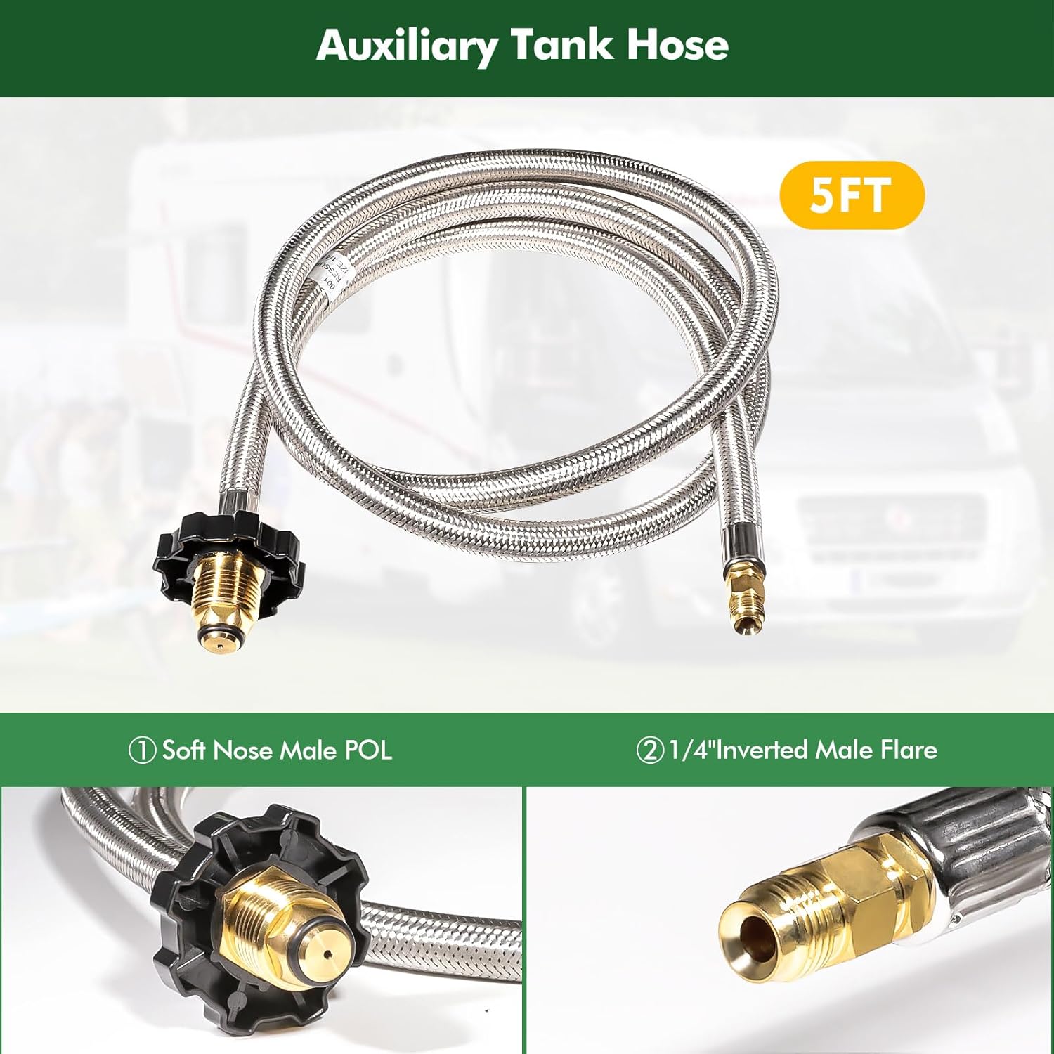 Extend a Stay RV Propane Kit, Propane Brass Tee 4 Port with 12 FT and 5 FT Stainless Steel Hoses for Motorhomes, Connecting Auxiliary Propane Bottles and Appliances