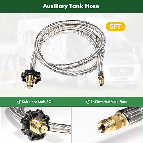 Miniatura 3 de Detoypapa Extender a Stay RV Kit de propano para autocaravanas, 4 puertos en T de latón propano con mangueras de acero inoxidable de 5 pies y 12