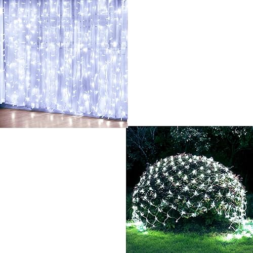 JMEXSUSS Luces de cortina blancas y luces de red, 8 modos para arbustos enchufables, tira de luces de Navidad impermeables para arbustos, techo,