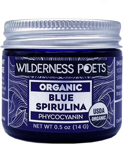 Wilderness Poets, Espirulina azul orgánica  100% ficocianina (0.5 oz. tarro de vidrio azul)  azul naturalmente brillante  sin maltodextrina,