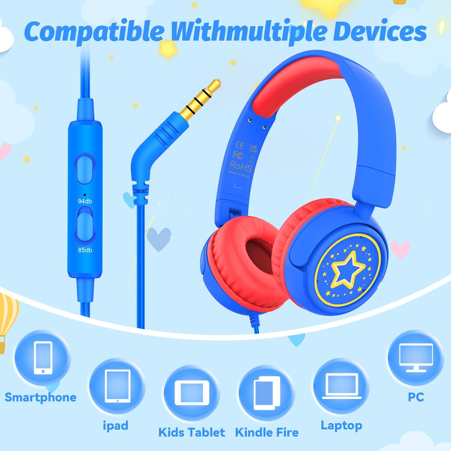 Kids Headphones with Cord for School, 85/94dB Volume Limit Headphones for Kids, Portable Wired Headphone with Shareport, Stereo Sound Foldable Headset for School/Tablet/iPad/Kindle (Blue) - Image 5