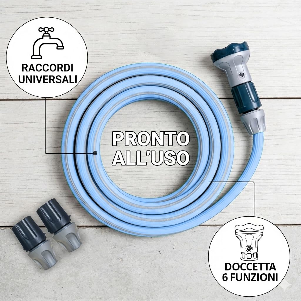 Idroeasy, Tubo Acqua da Giardino Estensibile 10 Metri, Diametro 5/8", Tubo Irrigazione allungabile x3, Anti Nodo e Anti Torsione, Atossico, Design Soft Pastel Blue, Tubo Giardino Made In Italy