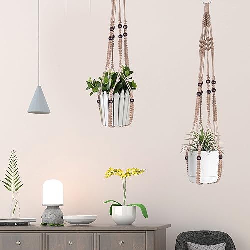 Miniatura 3 de Colgador de macramé para plantas para colgar en interiores con cuentas de madera, macetas de macramé, sin borlas, para interiores y exteriores,