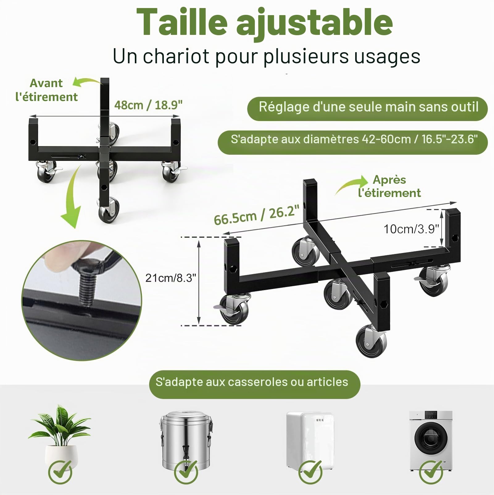 Chariot à Plantes à roulettes Réglable, Support Pot Fleur Roulant 100 kg