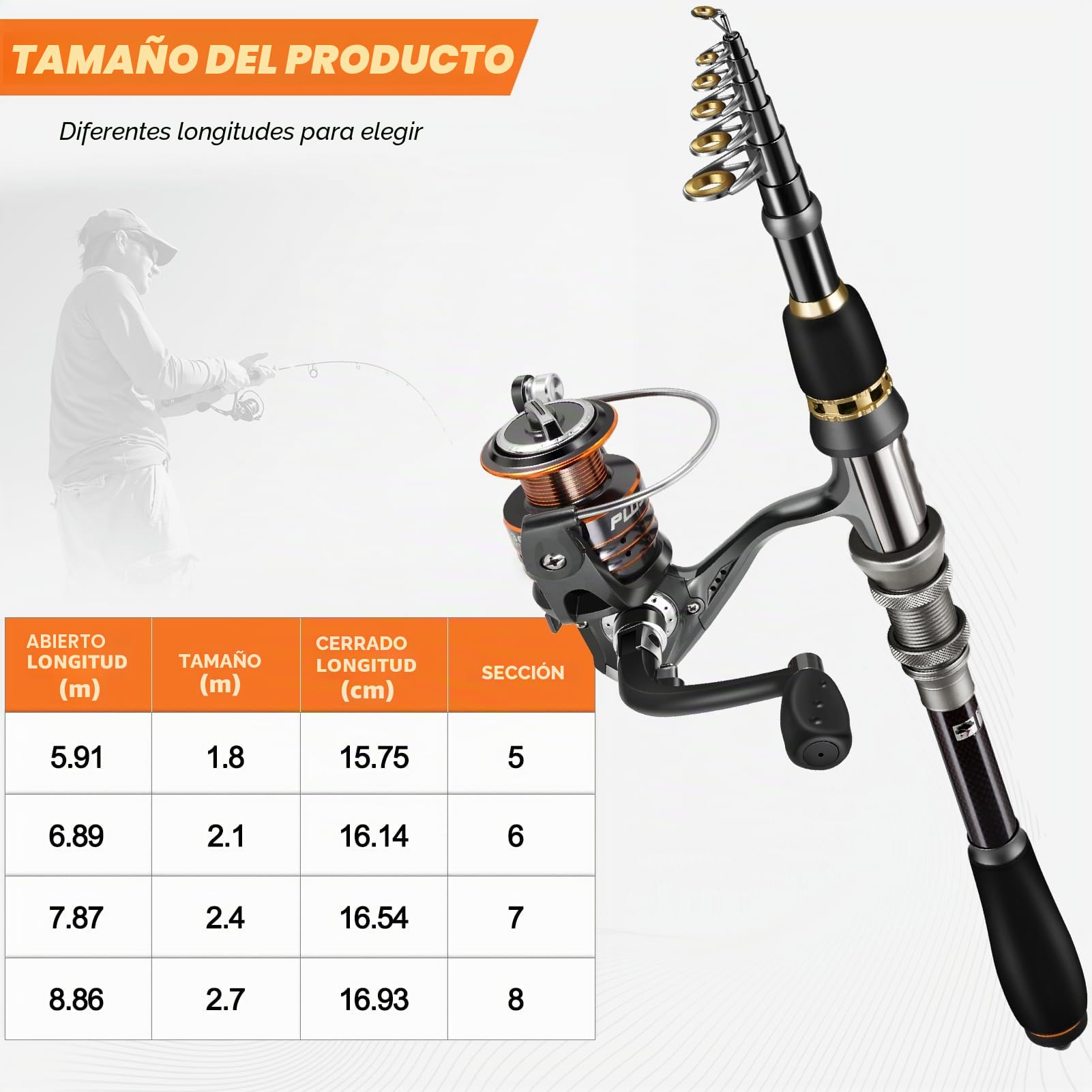 PLUSINNO Caña de Pescar, Combo de caña de Pescar telescópica y Carrete, Kit de caña de Pescar Plegable de Viaje, cañas de Pescar de Fibra de Carbono y 12 + 1 rodamientos de Acero Inoxidable, Regalos