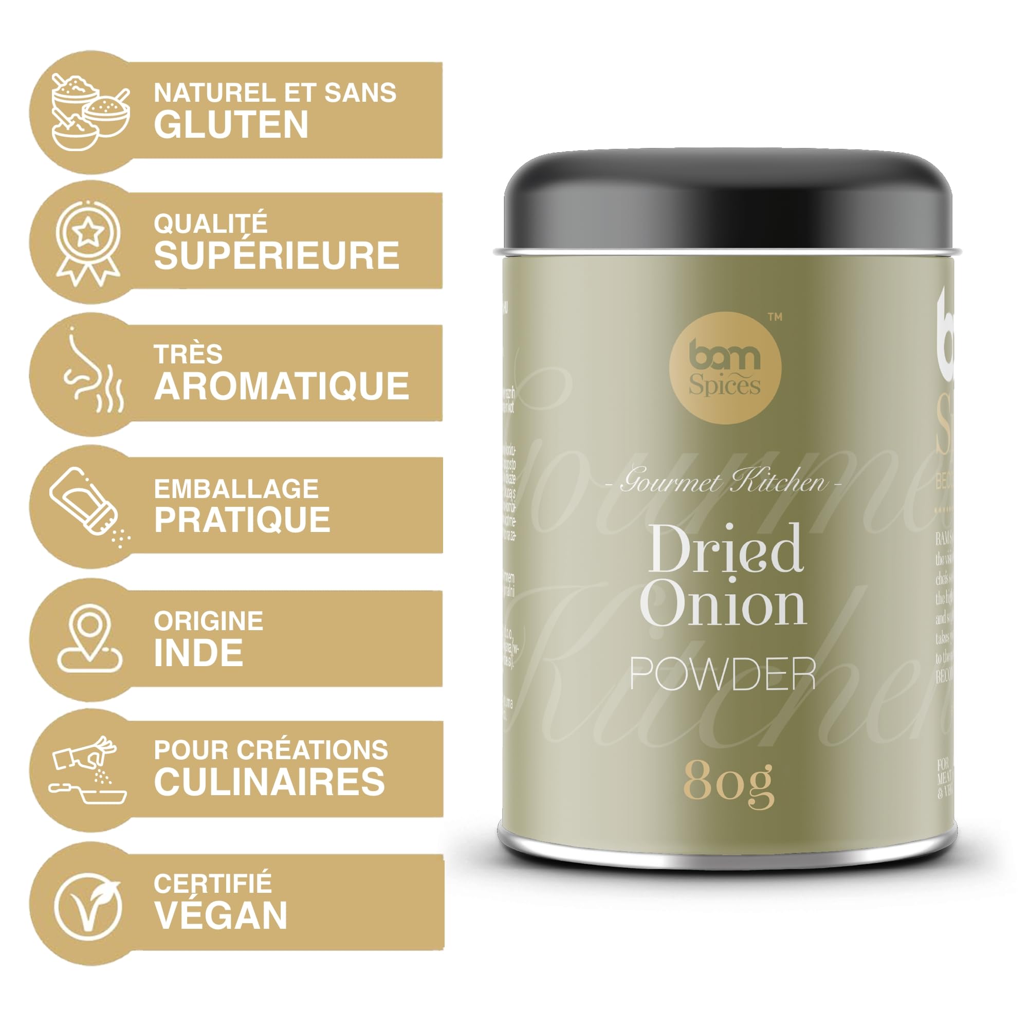 BAM Épices Cuisine Idéales pour Viandes, Sauces, Soupes - Saveur Intense - Sans Gluten - Oignon en Poudre, 80 g