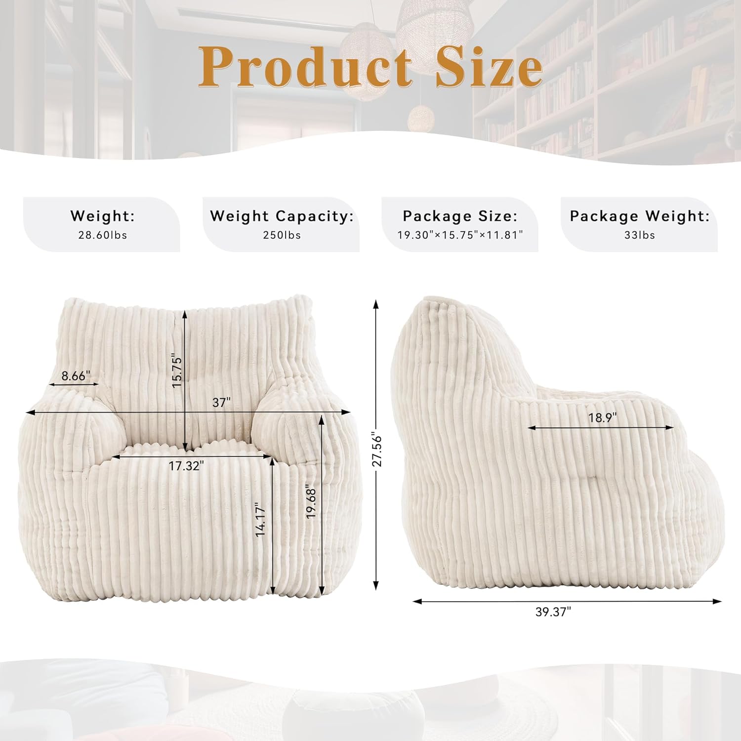 Bean Bag Chair, Filled Bean Bag Chairs for Living Room, Big Beanbag Chairs, Stuffed Beanbag Chair with Filling (Corduroy Fabric in Ivory)