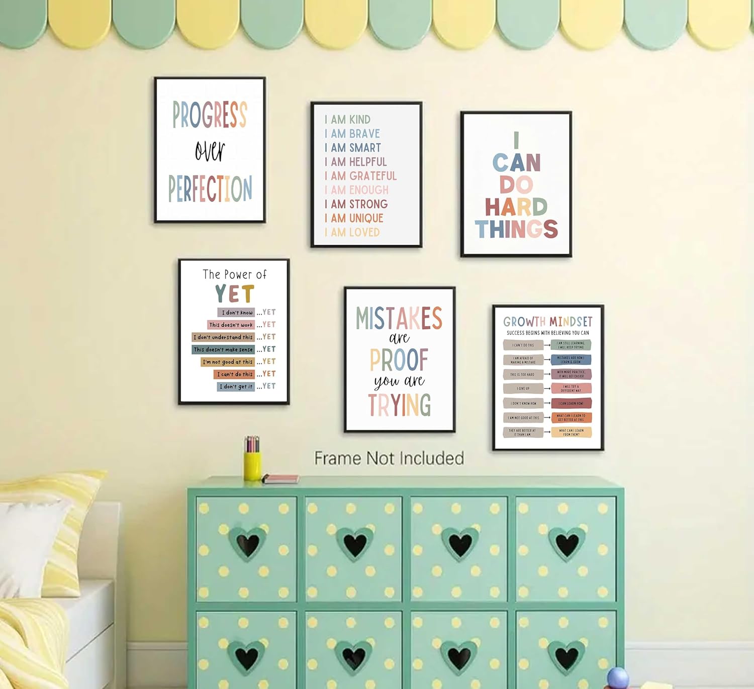 6Pcs Educational Growth Mindset Wall Art Kids Mental Health Therapy Canvas Paintings Positive Affirmations Wall Decor Boho Motivational Quotes Posters Prints for Nursery Classroom Picture Unframed