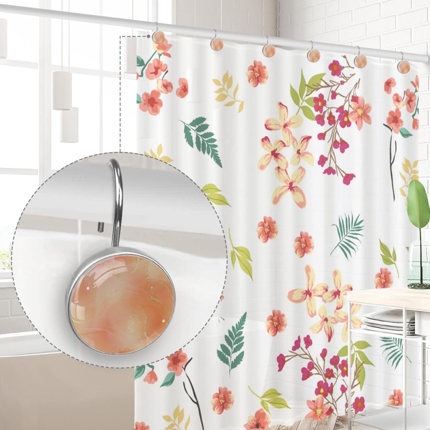 Marble Ombre Watercolor Ink Rose Peach Liquid Decorative Shower Curtain Hooks Rings Set of 12 Hooks for Shower Curtain Rustproof Curtain Rings for Bathroom, 1.45x1.45 in/3.7x3.7cm