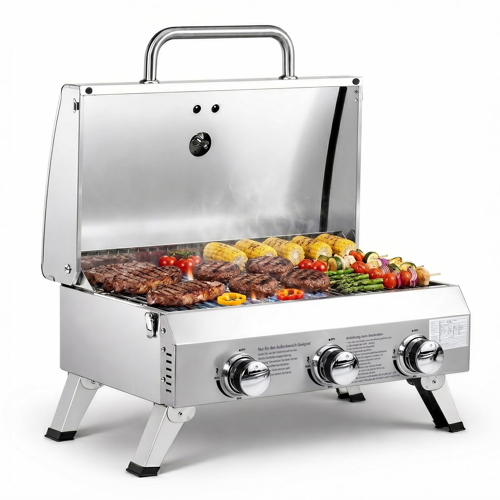 ROVSUN 6,6 kw Gasgrill mit 3 Brenner Gasgrill Camping mit Deckel & Thermometer 61x43x40 cm, Tischgrill für Hinterhof, Terrasse, Camping, Strand & Picknick