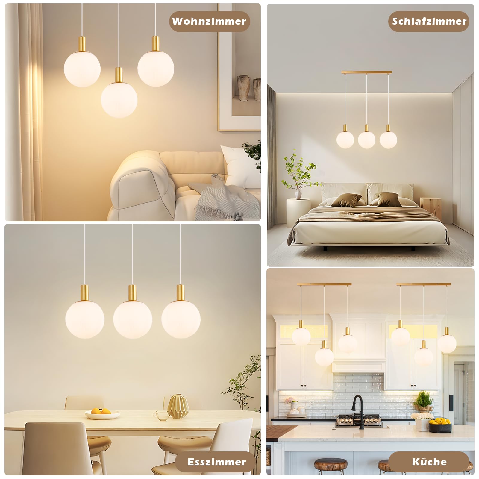 CBJKTX Pendelleuchte Esstisch Hängeleuchte Glas mit 6 Stück E27 Leuchtmittel - Gold 3 Flammig Hängelampe Esstischlampe Hängend Höhenverstellbar Pendellampe Modern für Esszimmer Küche Wohnzimmer Flur