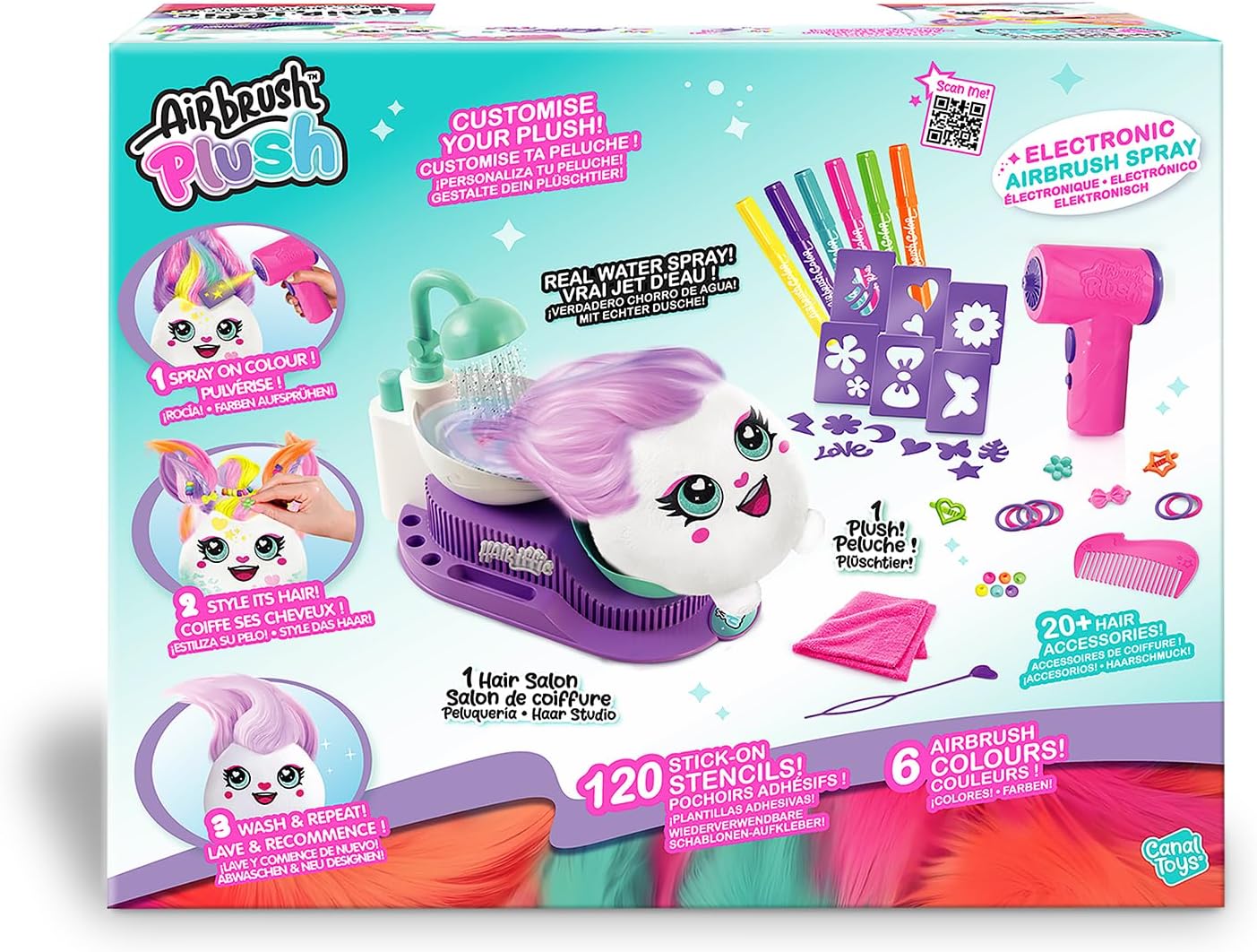 Canal Toys - Airbrush Plush - Hair'iffic Hairdressing Salon - Dye, Wash & Style Soft Toy - Electronic Airbrush Hair Dryer - 20 Accessories + Spray Bottle - Creative Game from 6 Years - AIR 044