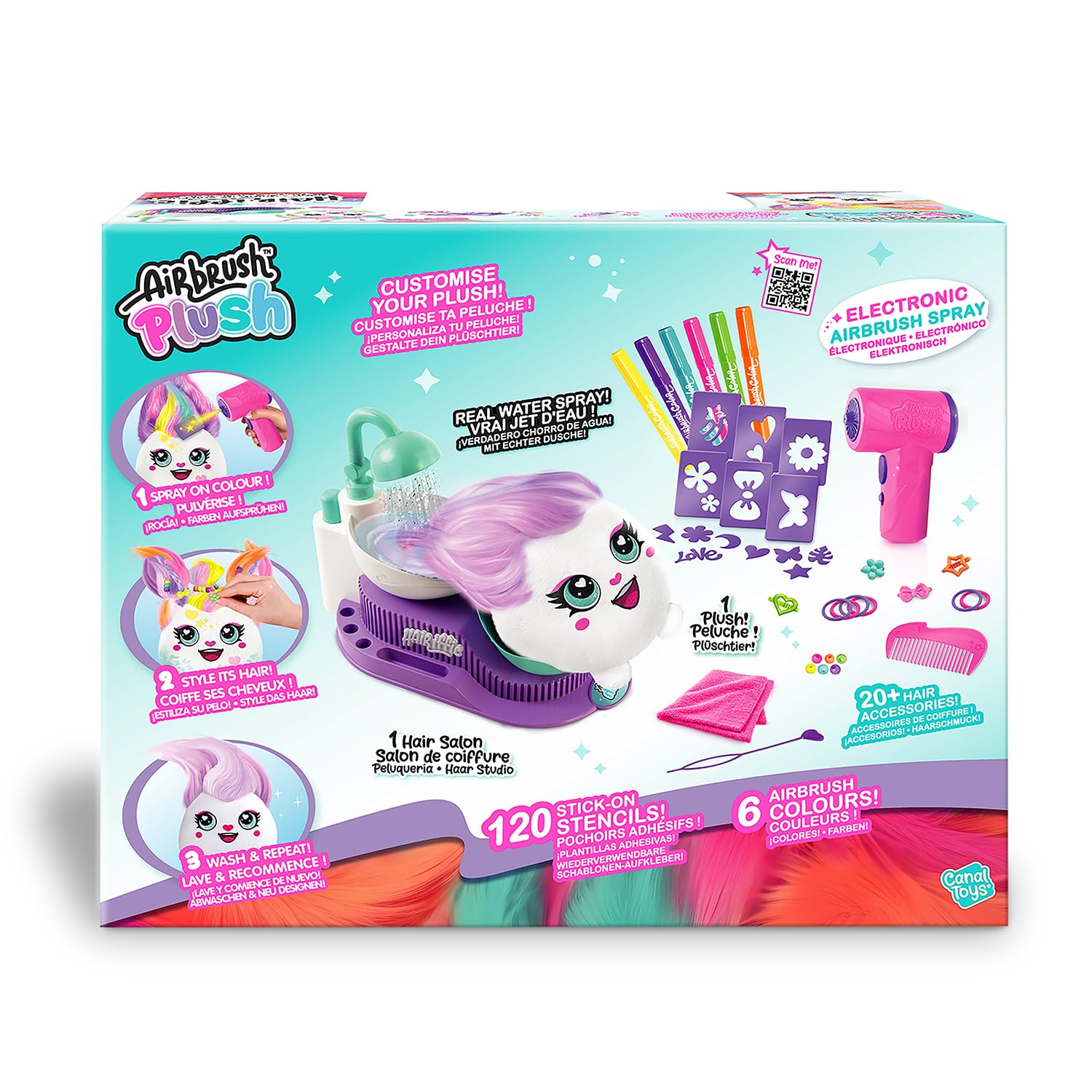 Canal Toys Hair'iffic Salon Airbrush Plush Doudou with Aerografo Stencil Stazione di Lavaggio Creativo Riutilizzabile