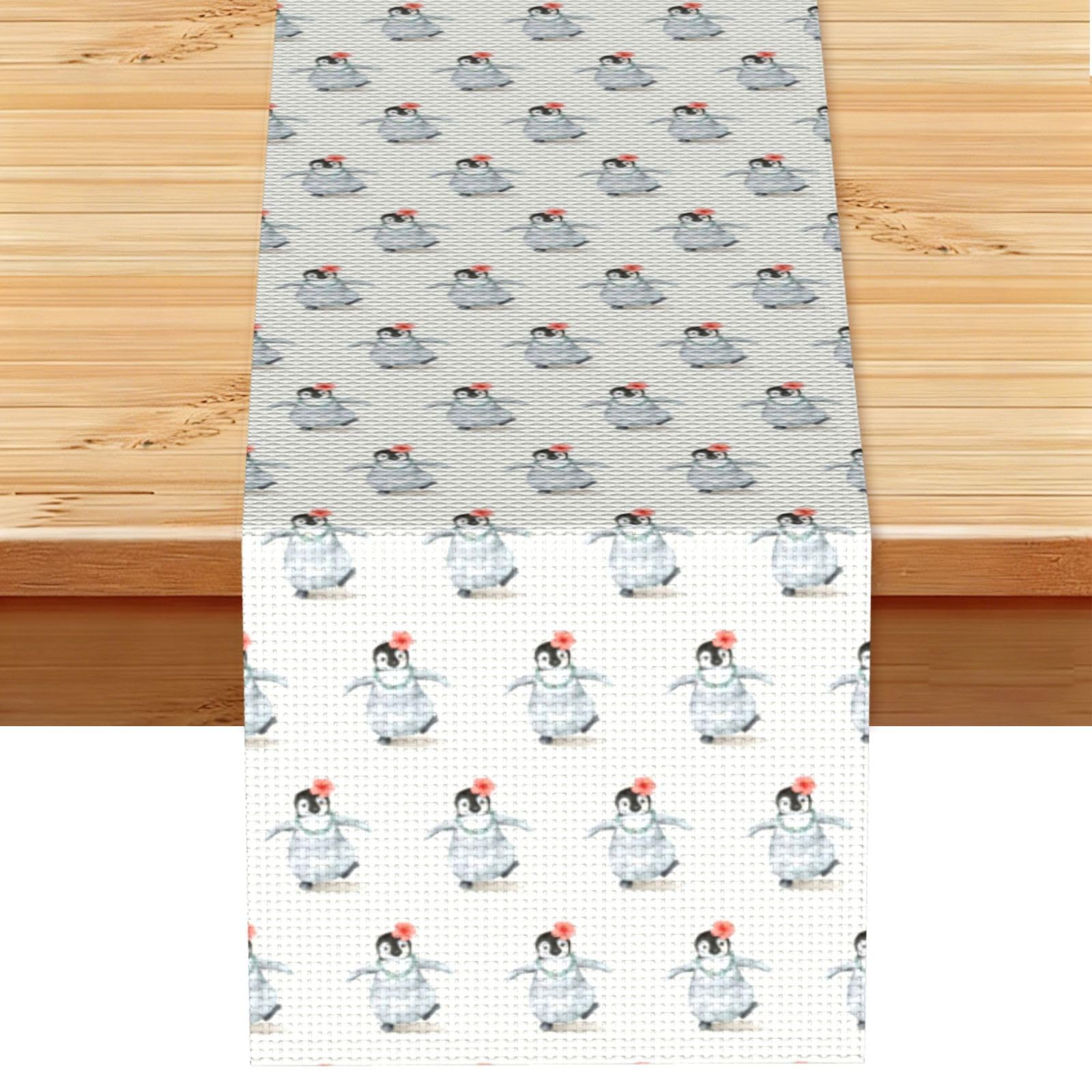 Penguin Wearing Flowers Stylish Printed Table Cloth, Decorative Table Runner 13x72in for Home, Party and Banquet Home Decor