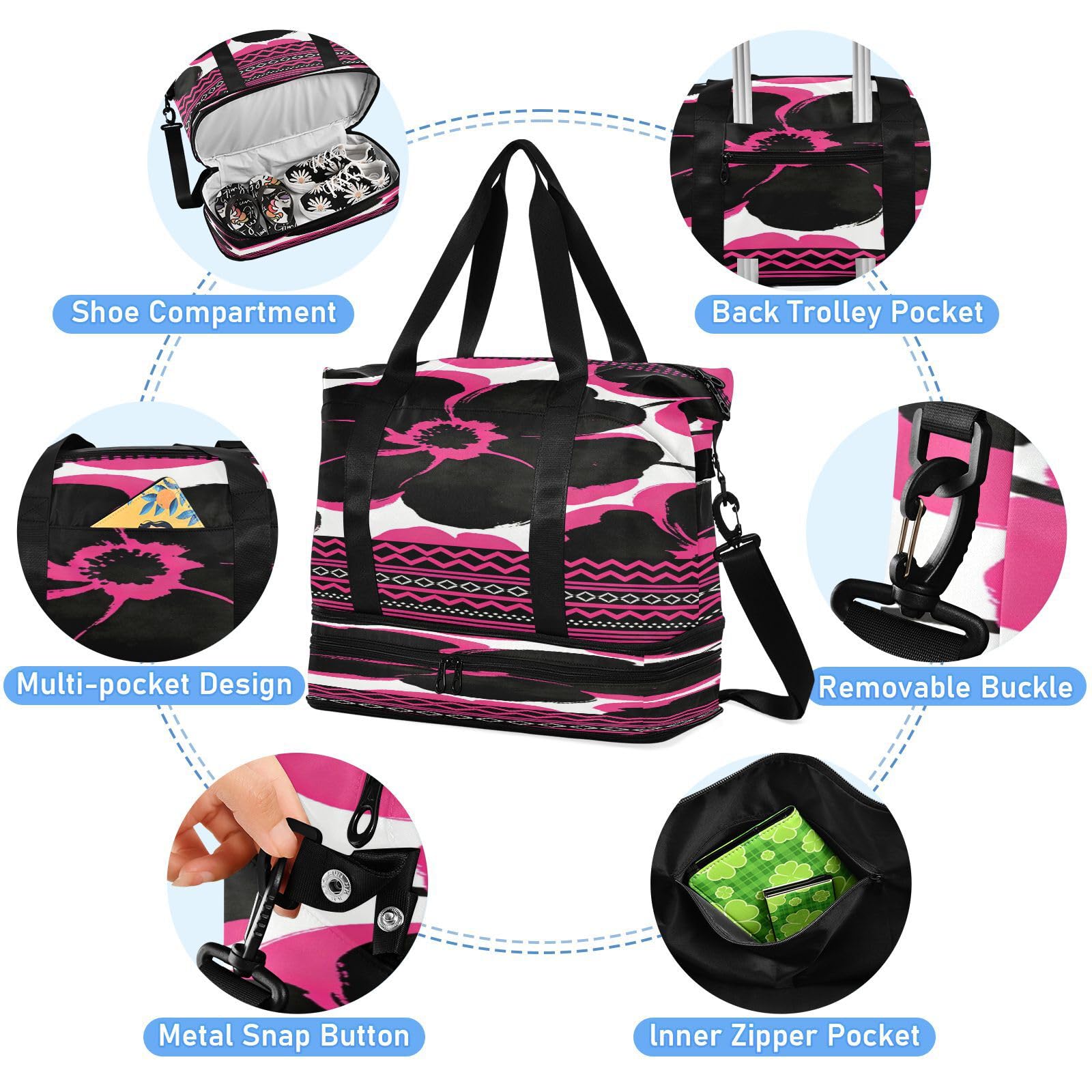 Reisetaschen mit schwarzem und rosa Blumenmuster, 2-teiliges Set, Reisetasche, Handgepäcktasche mit verstellbarem Gurt, für Geschäftsreisen