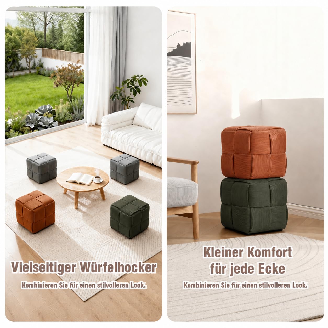 Zedelmaier Sitzhocker aus Cord, Sitzwürfel 40 x 40 x 40 cm, Dunkelgrün | Handgefertigtes Kreuzgeflecht, weicher Cordbezug, quadratischer Polsterhocker, als Fußhocker & Sofahocker, bis 150 kg