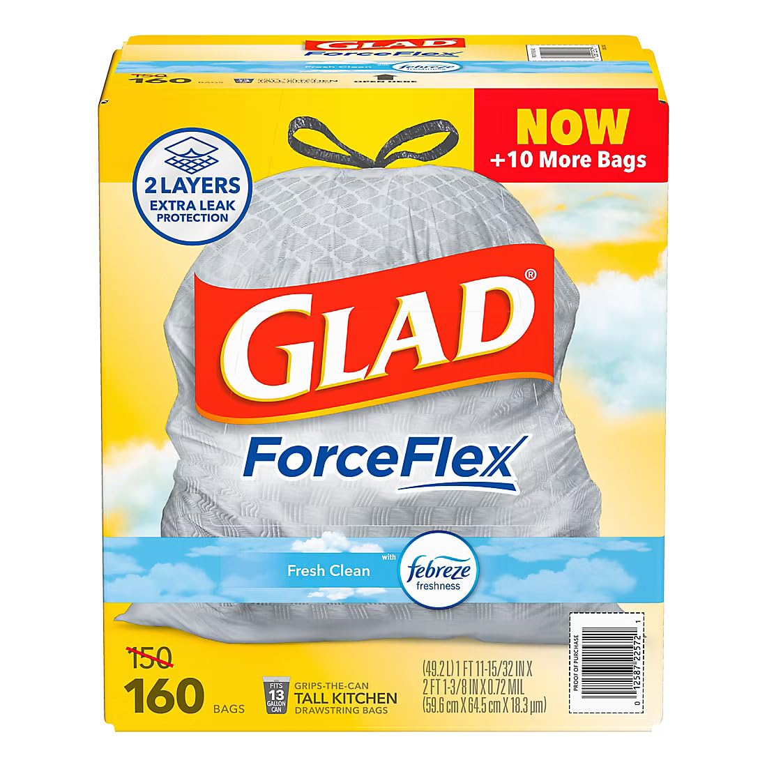 Glad ForceFlex Tall Kitchen Drawstring Trash Bags - Fresh Clean with Febreze, 160 ct./13 gal.