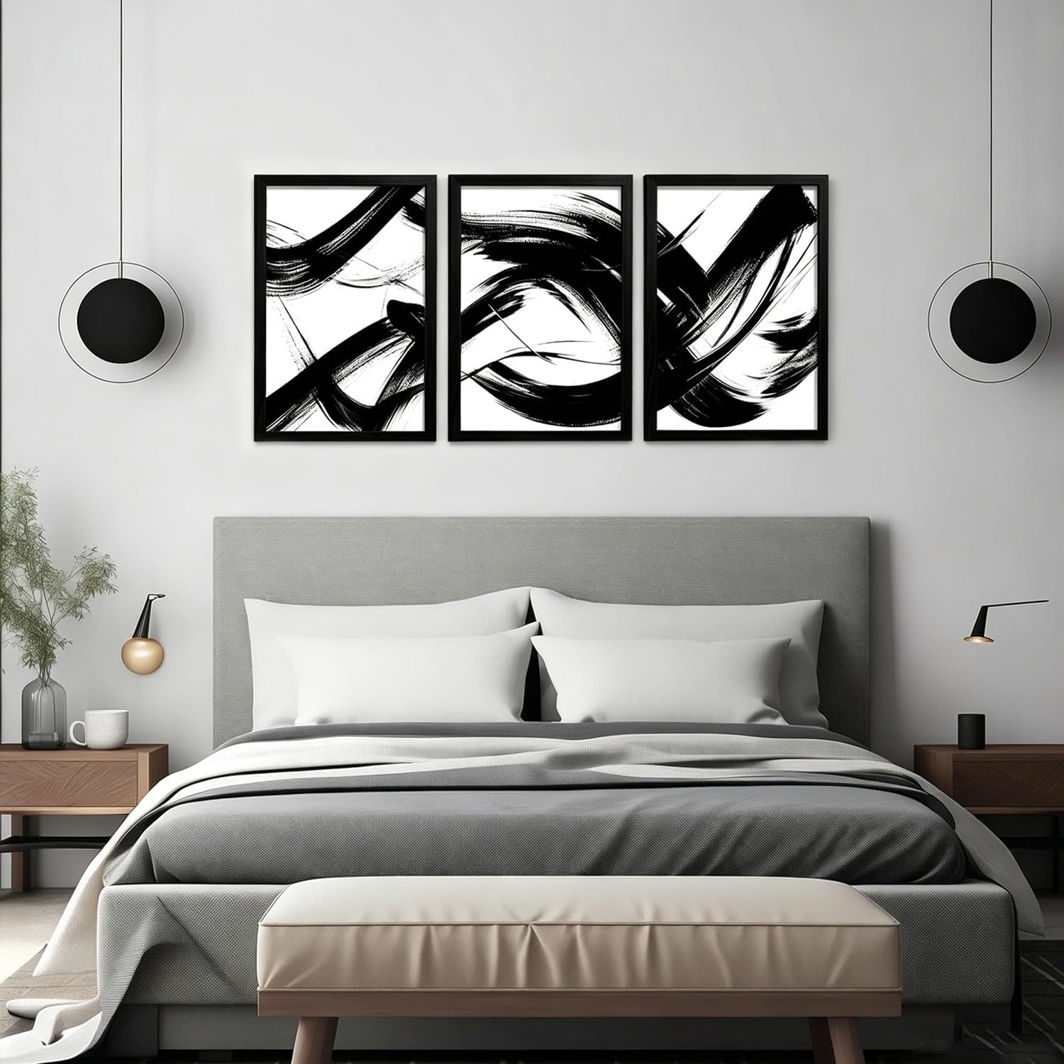 RUURUU 3Pcs Solid Wood Framed Black and White Abstract Wall Art Black Lines Canvas Wall Decor Brush Stroke Pictures Modern Minimalist Gallery Posters for Living Room Bedroom Home Office 12x16 Inches