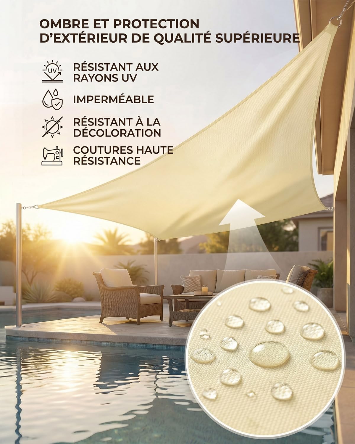 MOXTOYU Voile d'ombrage Imperméable Rectangulaire, Polyester PES avec 95% Protection UV, Résistant aux Intempéries et Durable, Toile Ombrage Exterieur pour Jardin, Extérieur - Crème - 3 x 4m