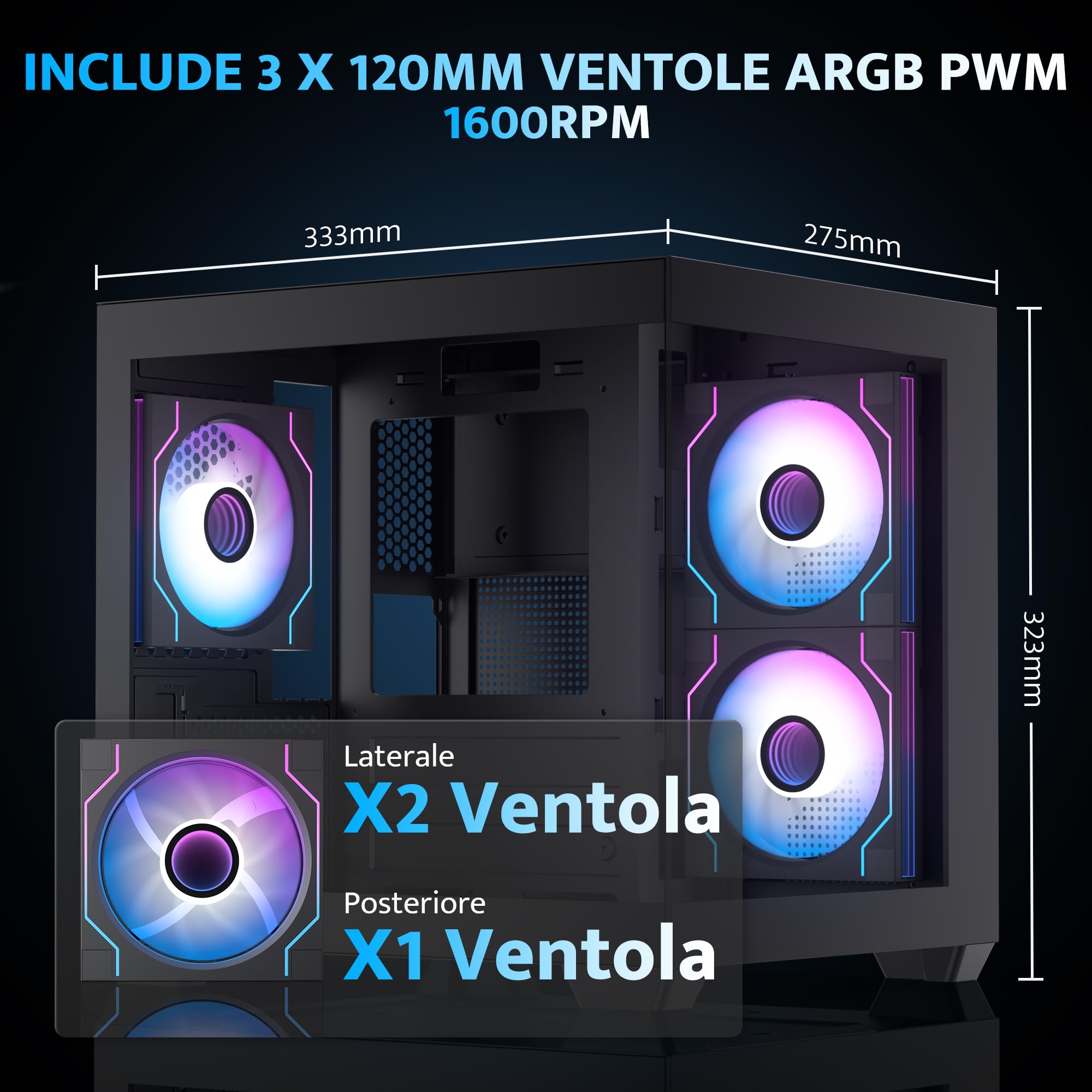 darkFlash ITX Case PC, Case Computer con 3 Ventole PWM ARGB Preinstallate, Case ITX in Vetro Temperato Doppio a Vista Completa, Dimensioni Ridotte, Supporta AIO da 240 mm (C275P) (Nero)