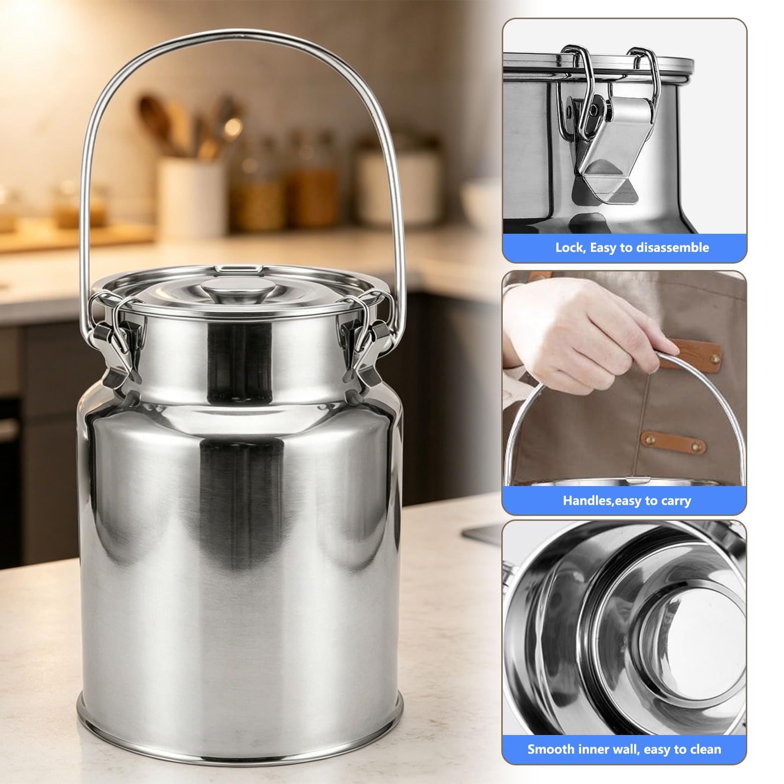 Brocca per Il Latte in Acciaio Inossidabile, Contenitore Ermetico per La Conservazione del Latte Secchio per Il Latte con Coperchio per Latte, Cereali, Chicchi di caffè,11L 22x30CM